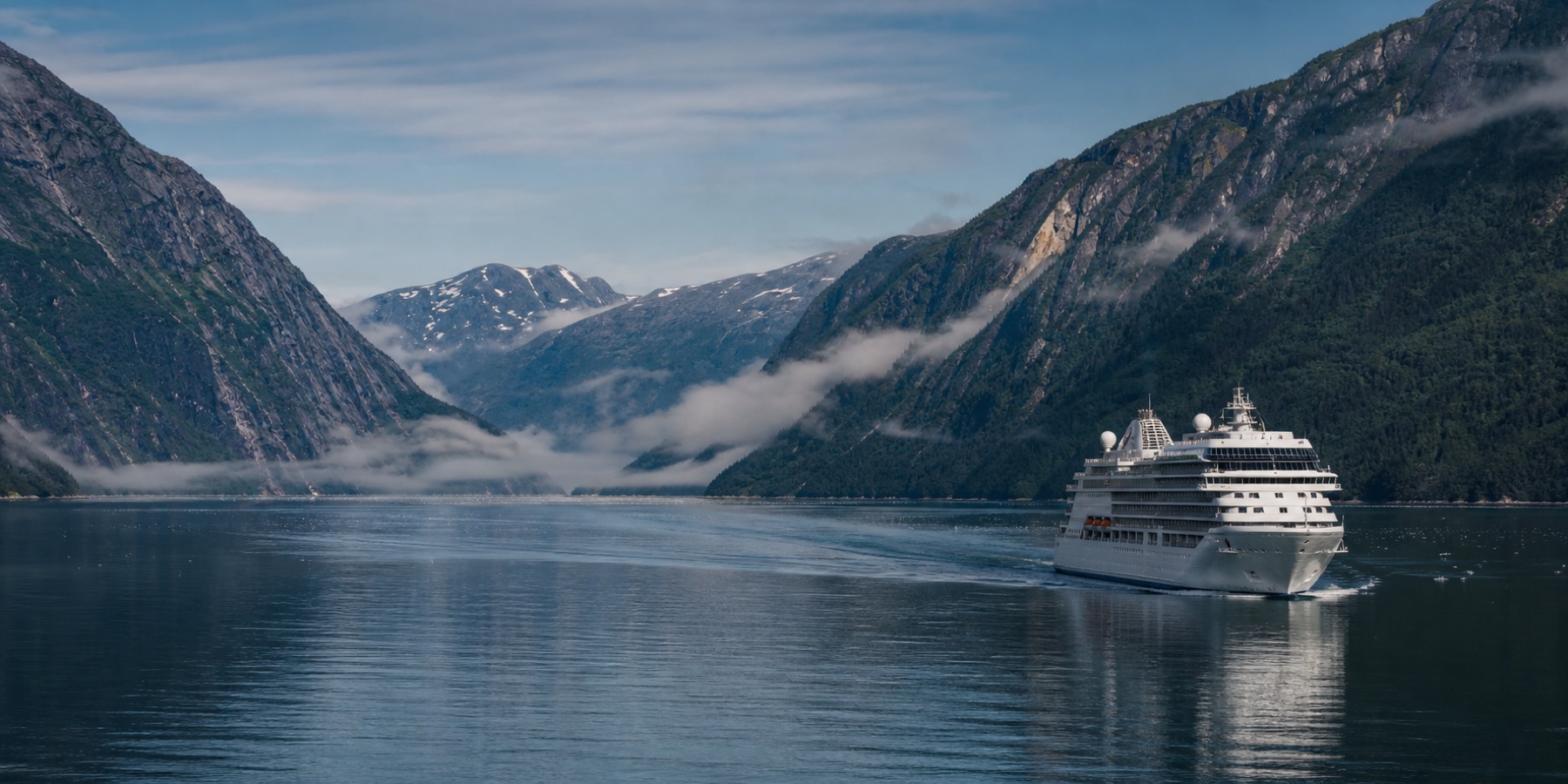 A cruise ship sailing through a misty coastal passage in Alaska