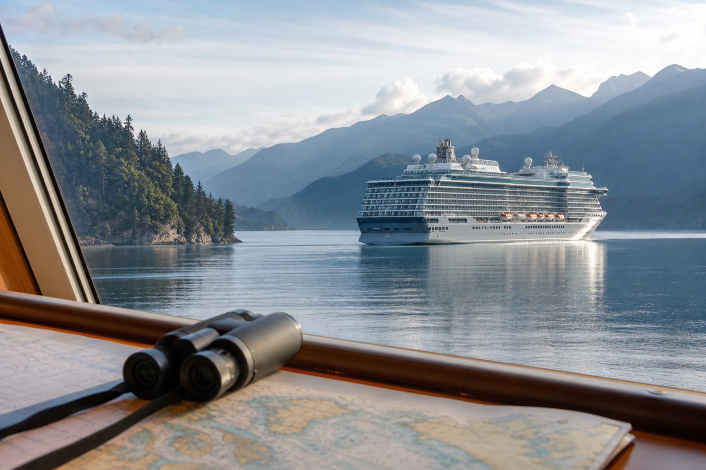 Cruise planning materials beside a coastal passage