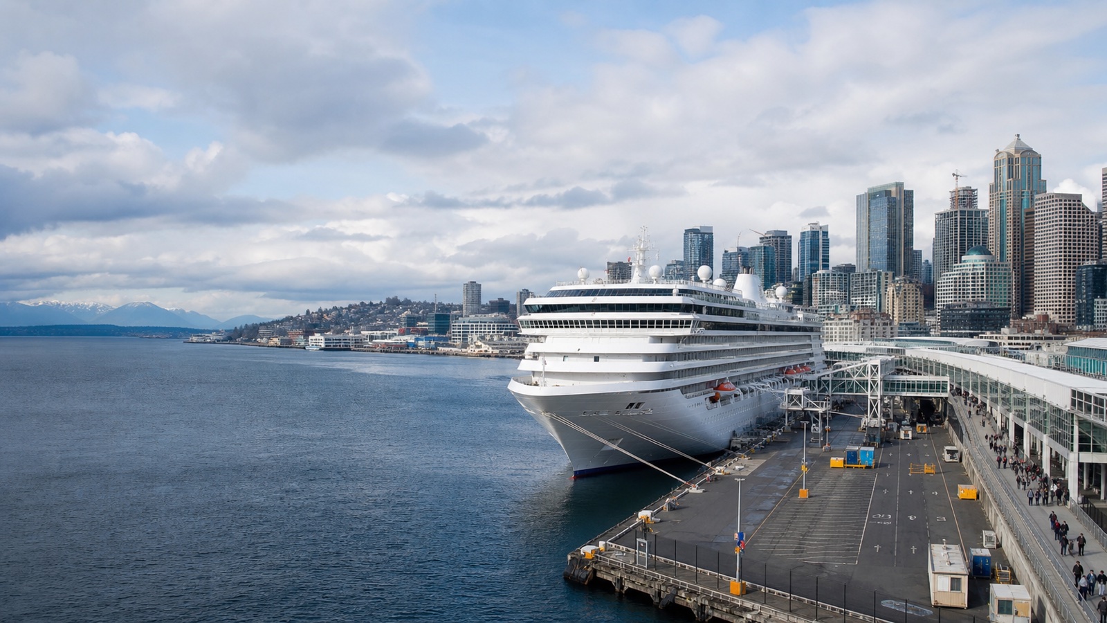 Seattle cruise waterfront with an unbranded ship, Elliott Bay and the downtown skyline