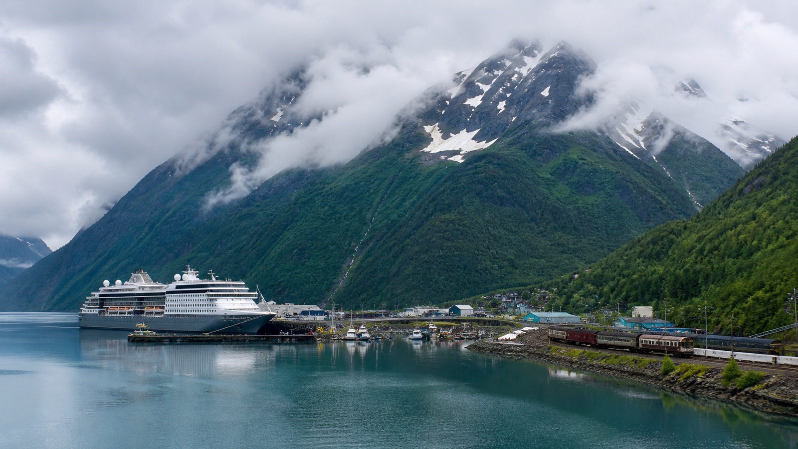 Whittier cruise gateway and rail connection beneath misty Chugach mountains
