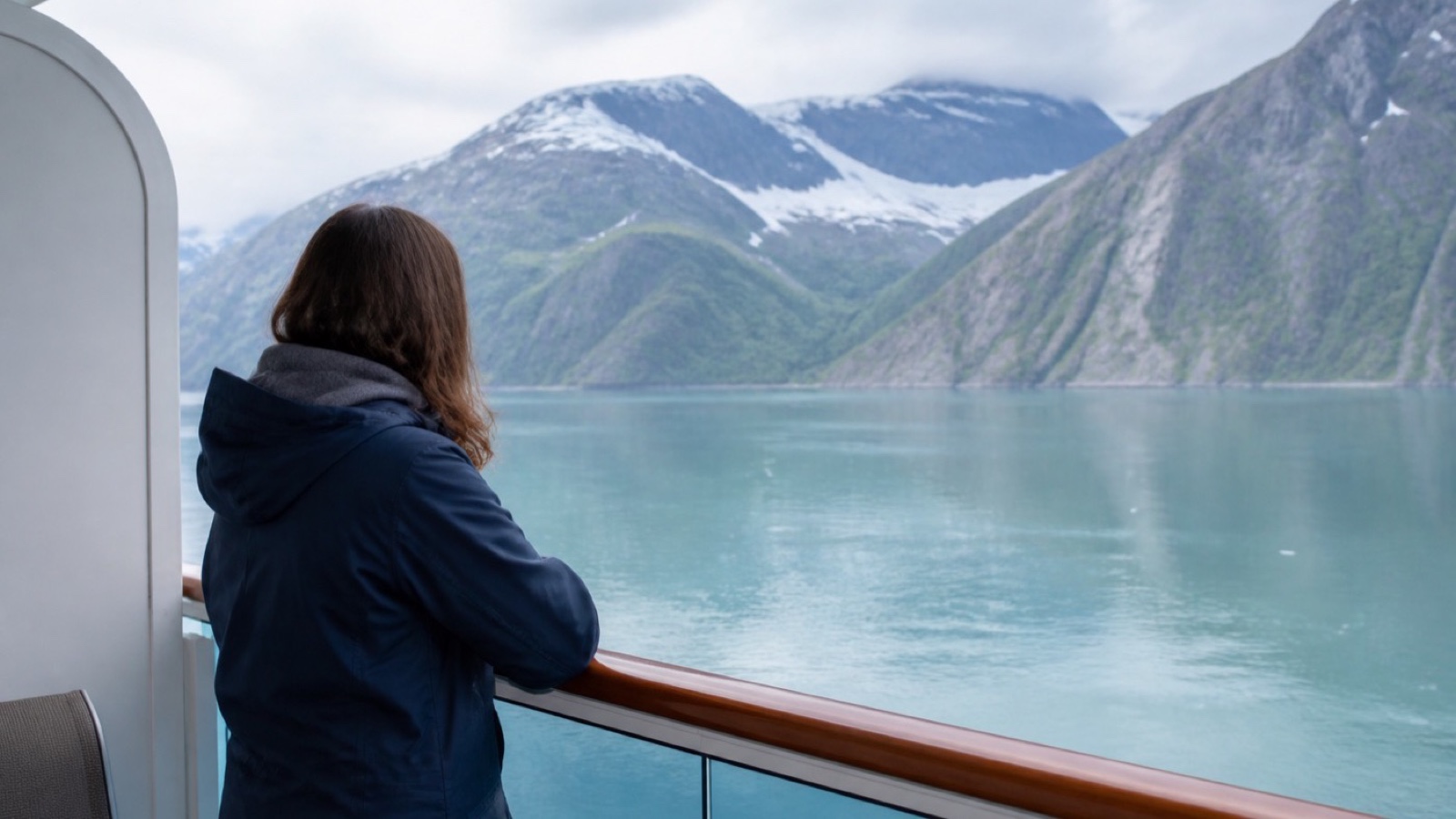 Private cruise balcony overlooking a misty Alaska coastal passage
