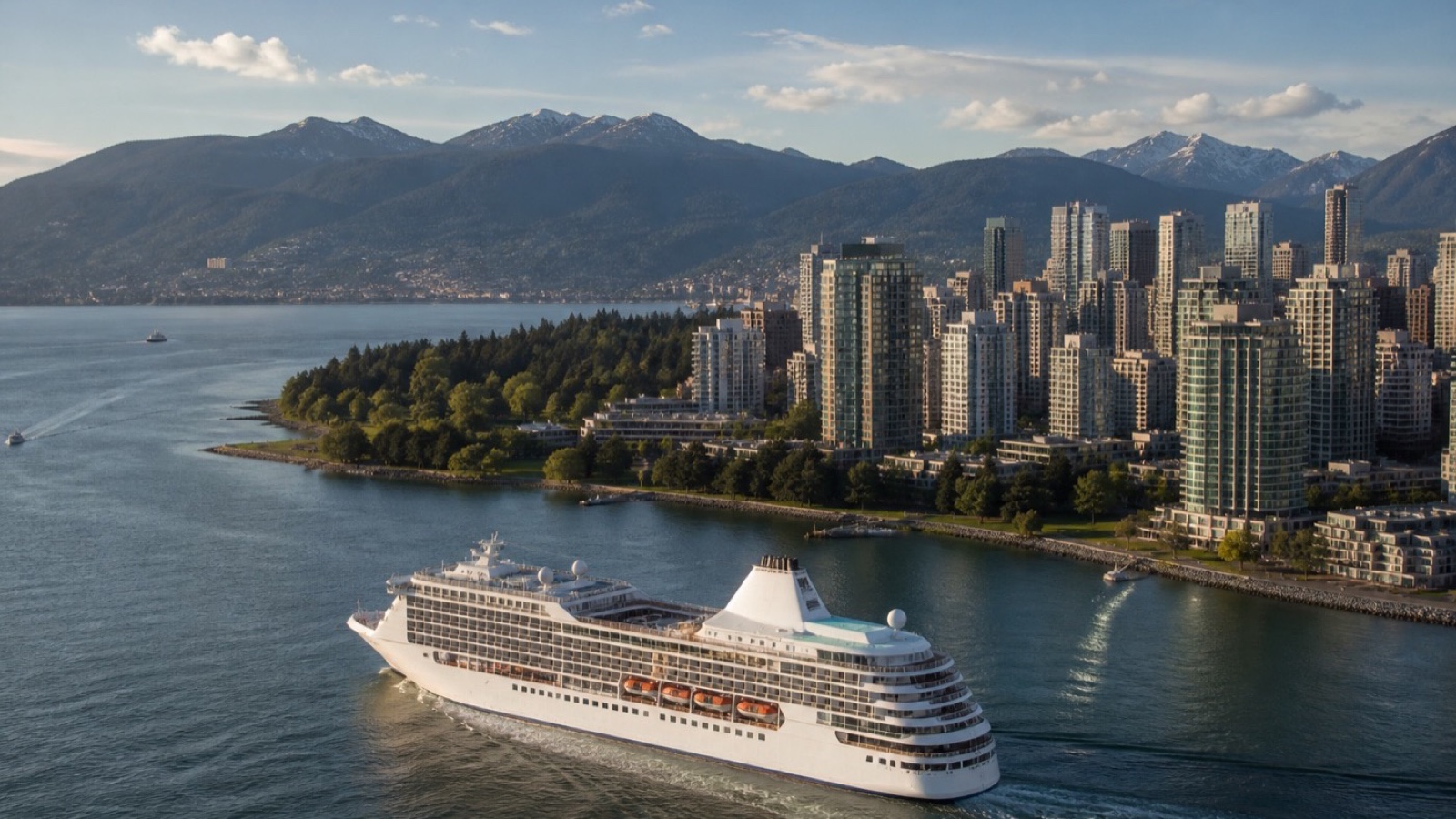 Cruise ship berthed beside downtown Vancouver at the start of an Alaska voyage