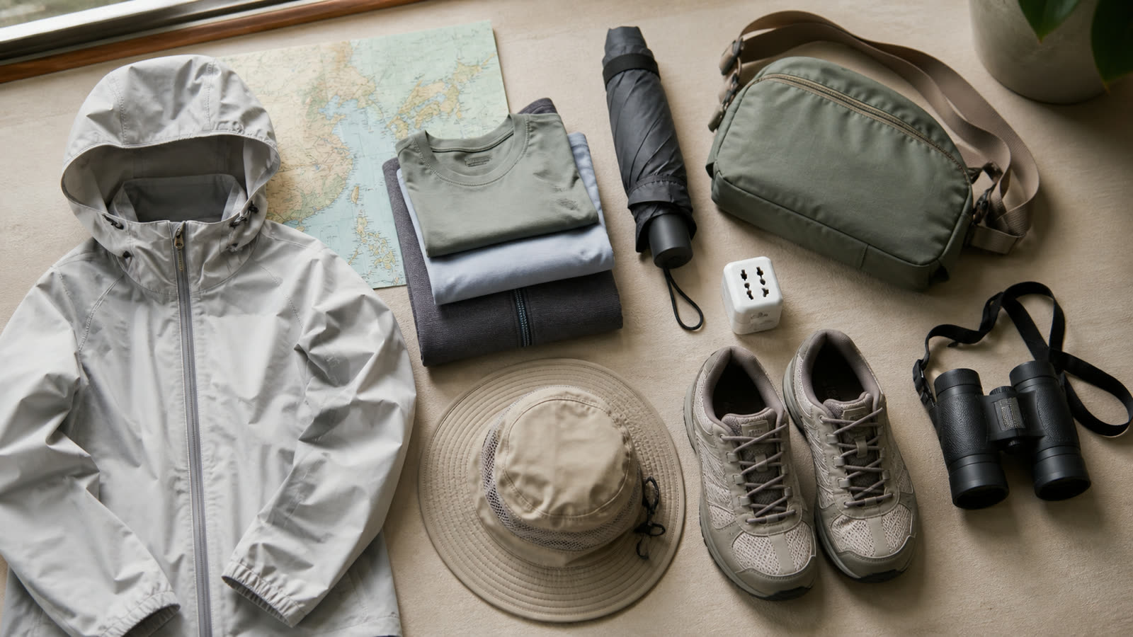 Label-free clothing and practical gear arranged for an Asia cruise