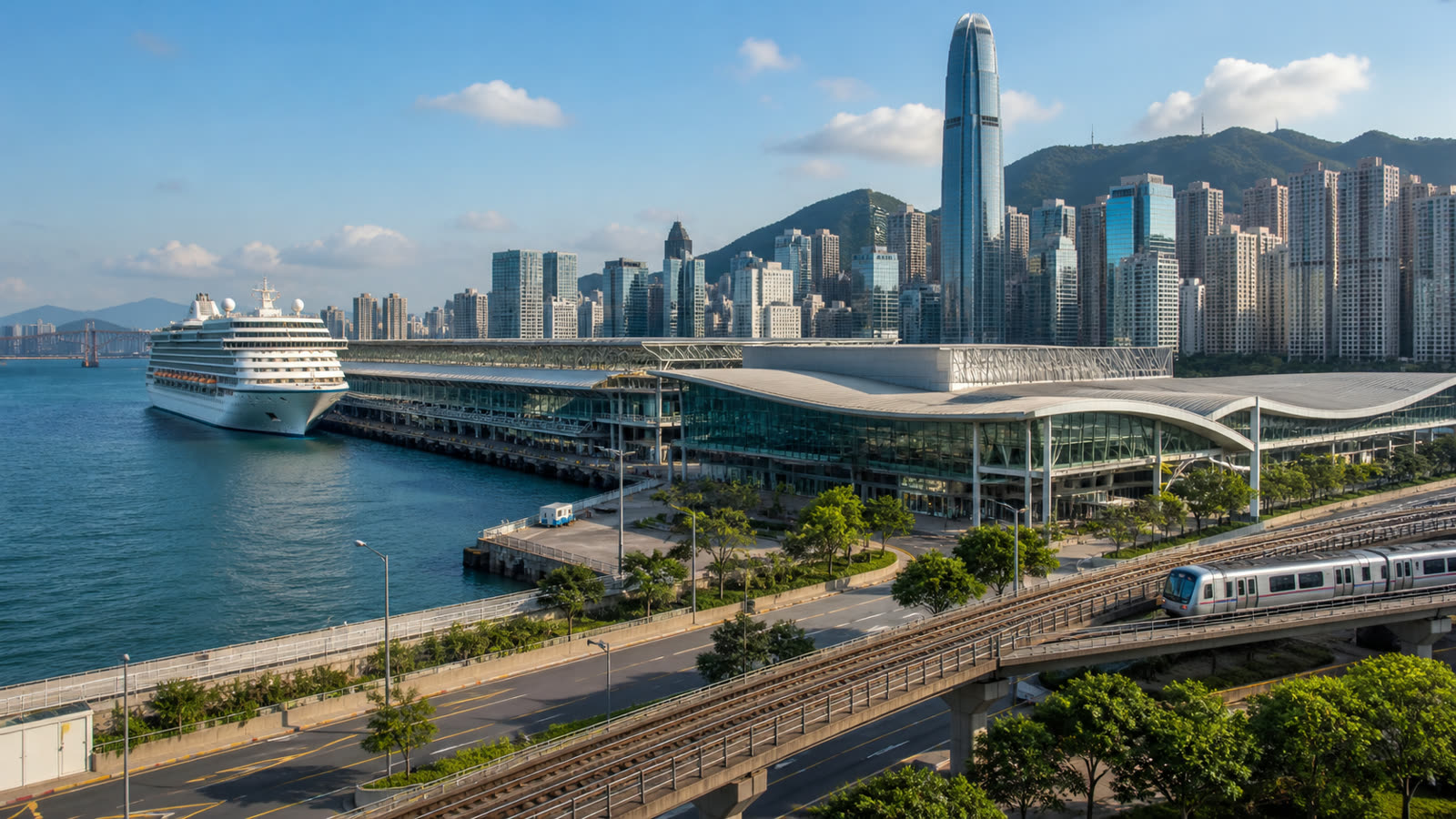 Large Asia cruise terminal with an unbranded ship and a realistically scaled city gateway