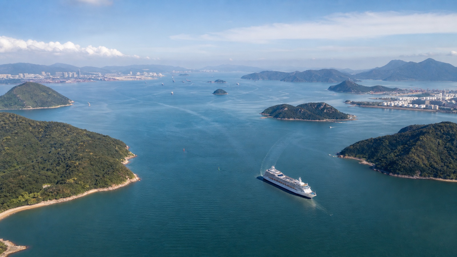 Asia cruise route choices across a broad coastal harbor with an unbranded ship at realistic scale