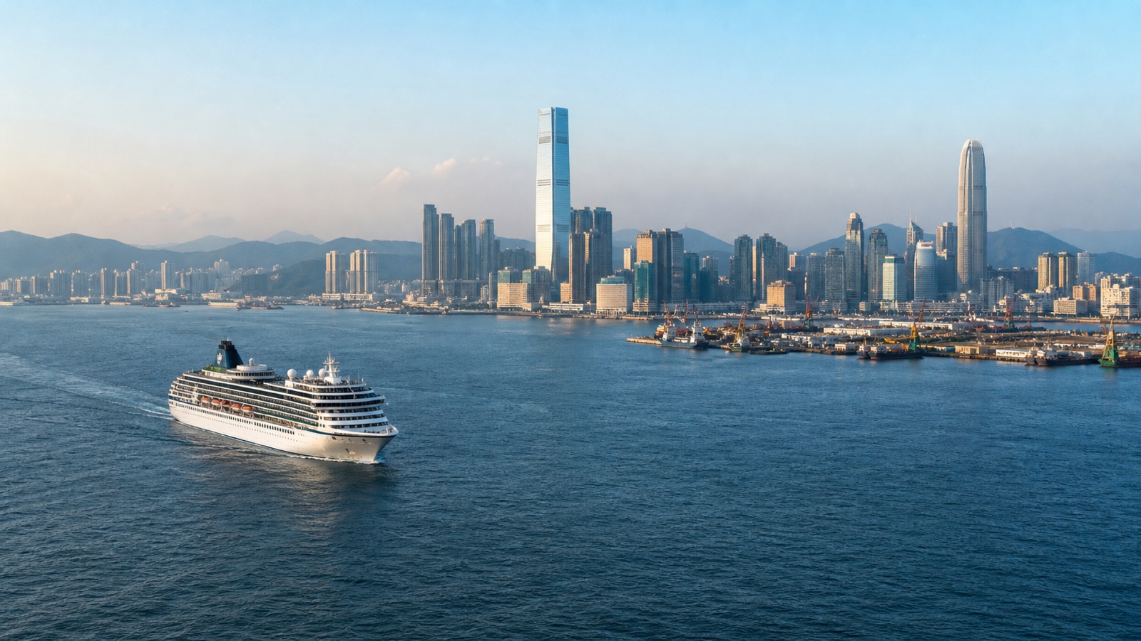 Unbranded cruise ship in a major East Asian harbor with a realistically proportioned urban waterfront