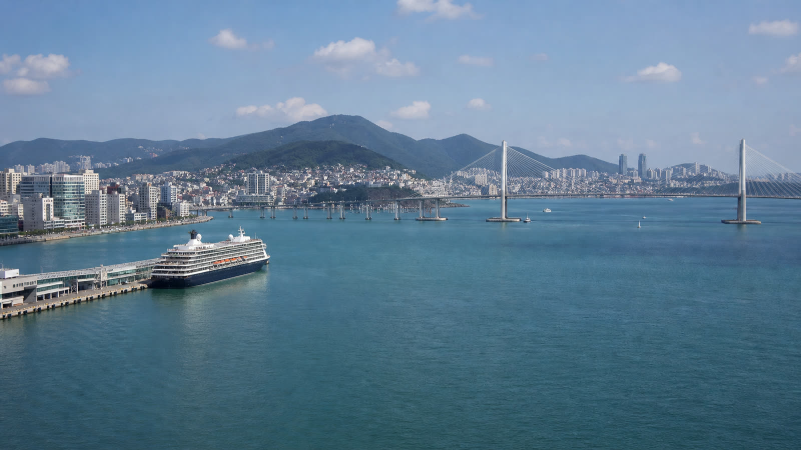 Busan cruise harbor with an unbranded ship and the city waterfront at realistic scale
