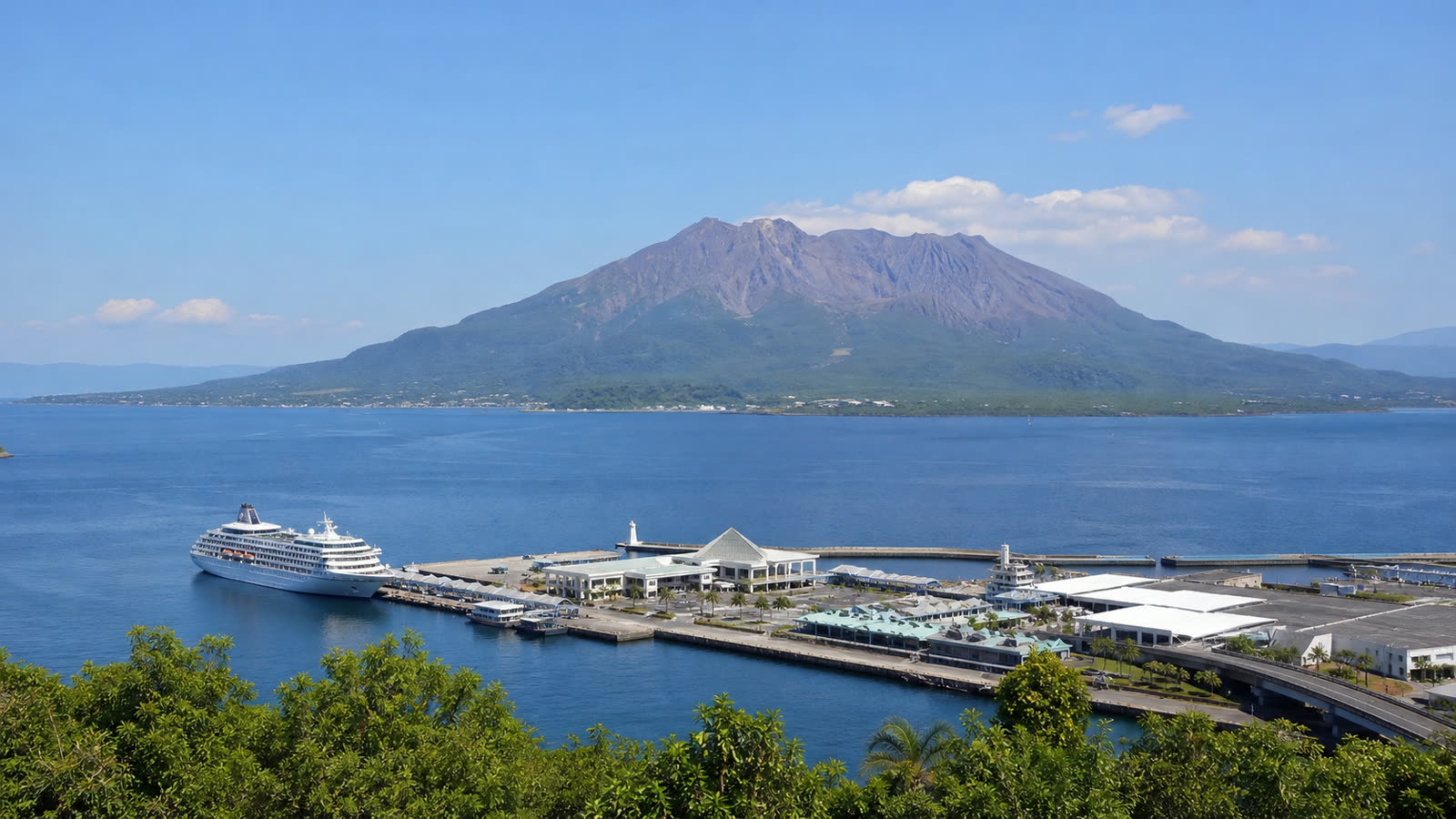 Kagoshima cruise harbor with an unbranded ship and Sakurajima at realistic scale