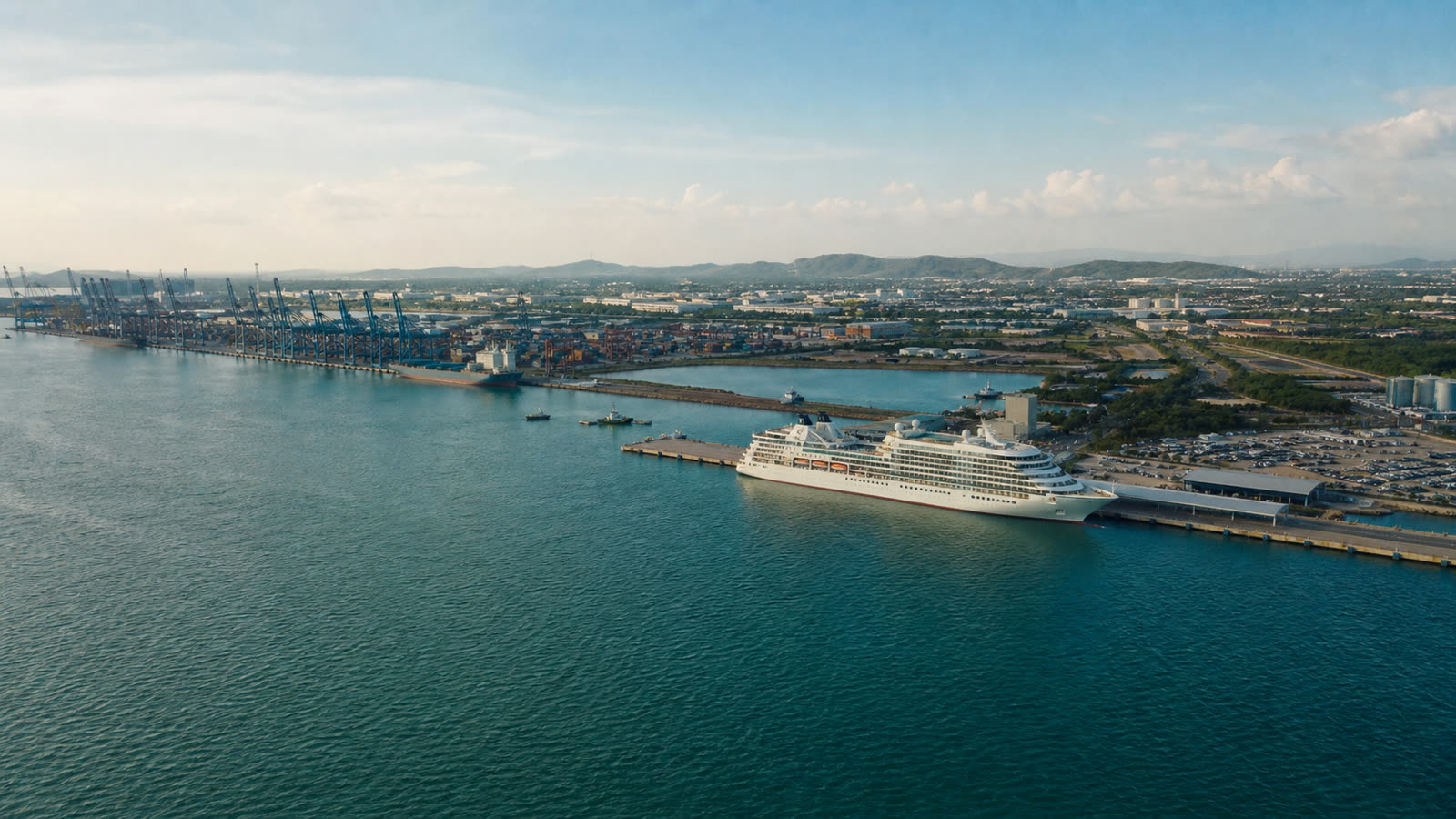Laem Chabang working cruise port with an unbranded ship and industrial terminal infrastructure