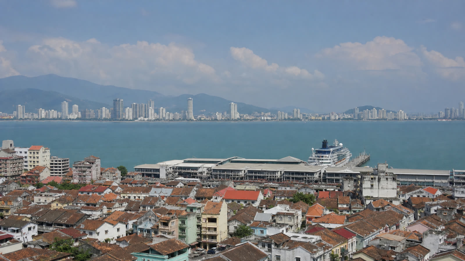 Penang cruise terminal with an unbranded ship and George Town waterfront at realistic scale