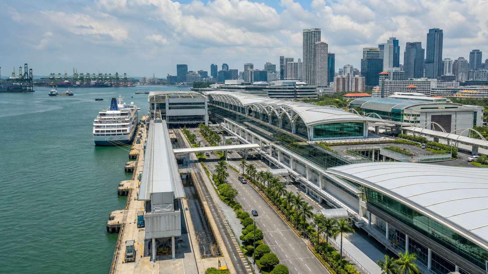 Singapore cruise terminal with an unbranded ship and the city skyline at realistic scale