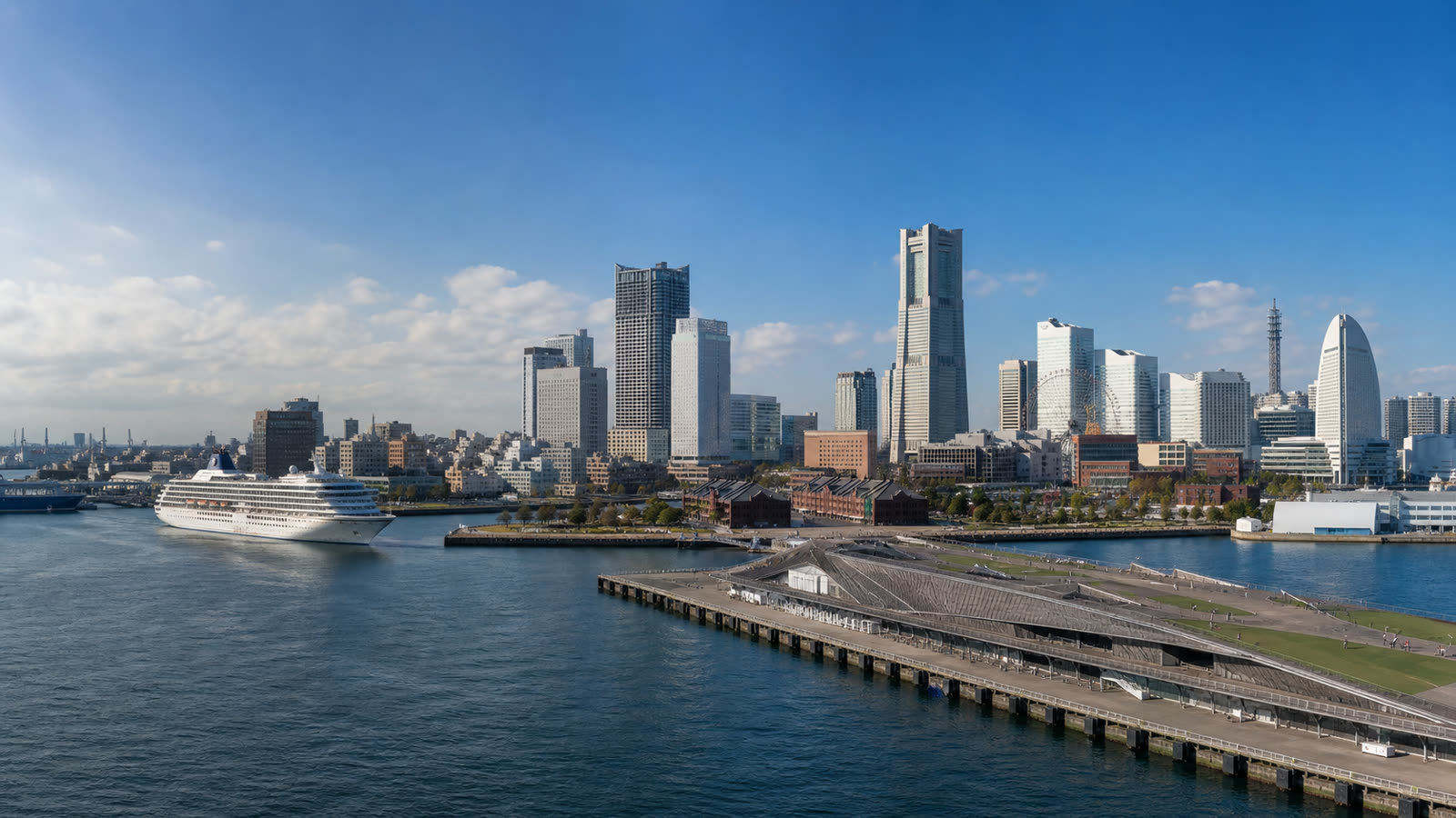Yokohama cruise harbor with an unbranded ship and the city skyline at realistic scale