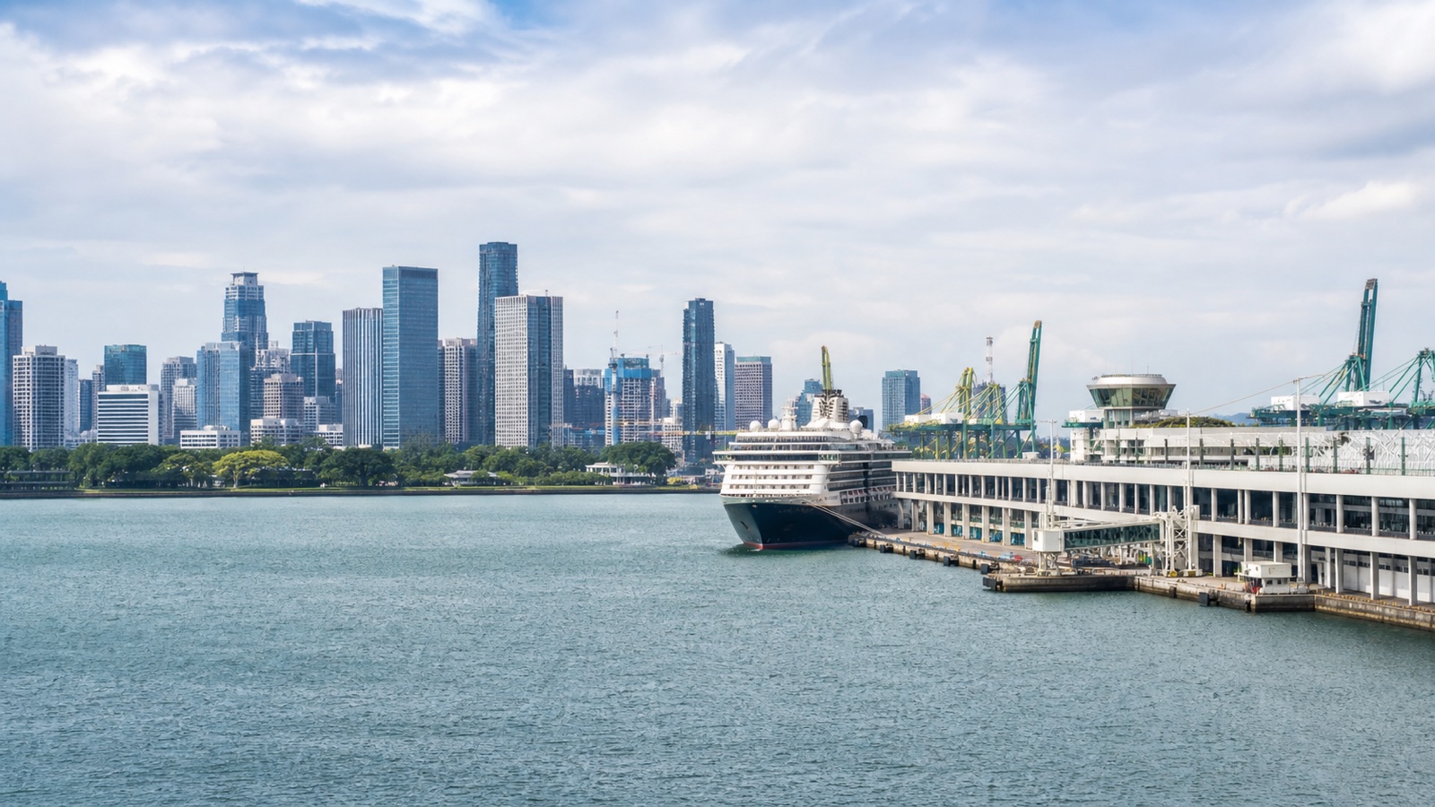 Unbranded cruise ship at a Singapore passenger terminal with the city skyline at realistic scale