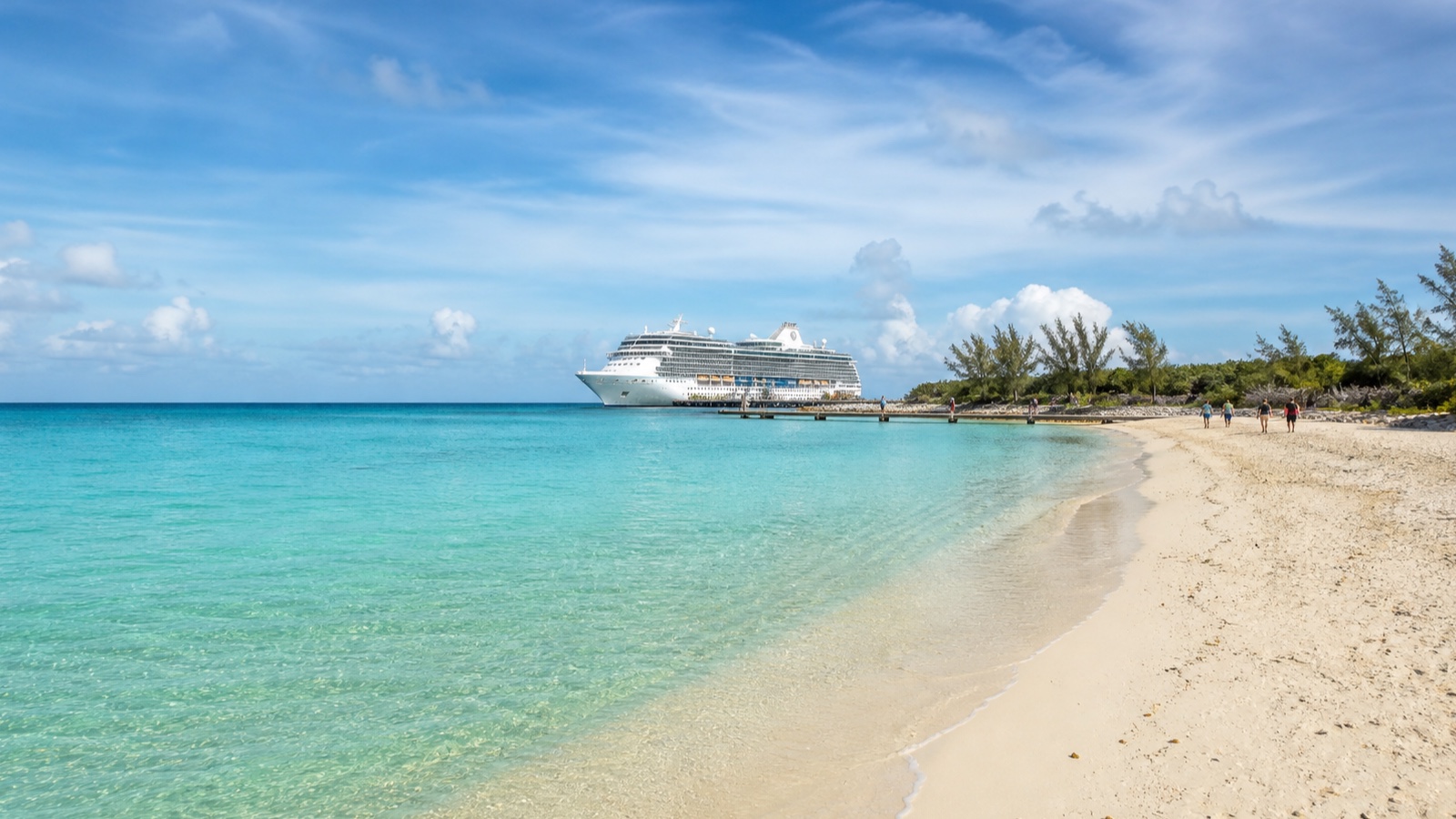 Quiet Bahamas beach with clear shallow water and natural palms