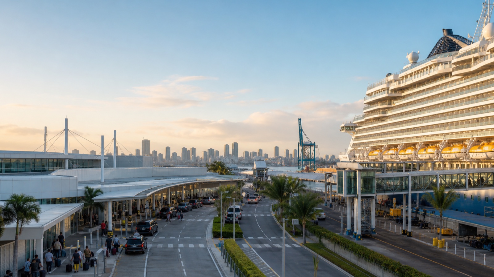 Modern cruise terminal and ship at a major Caribbean departure port