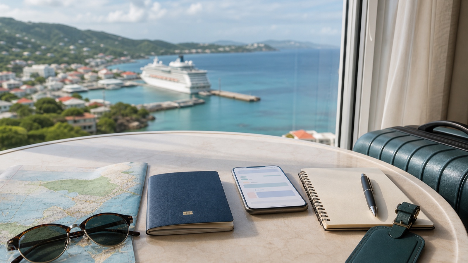 Caribbean cruise planning notes, passport and sunglasses on a table
