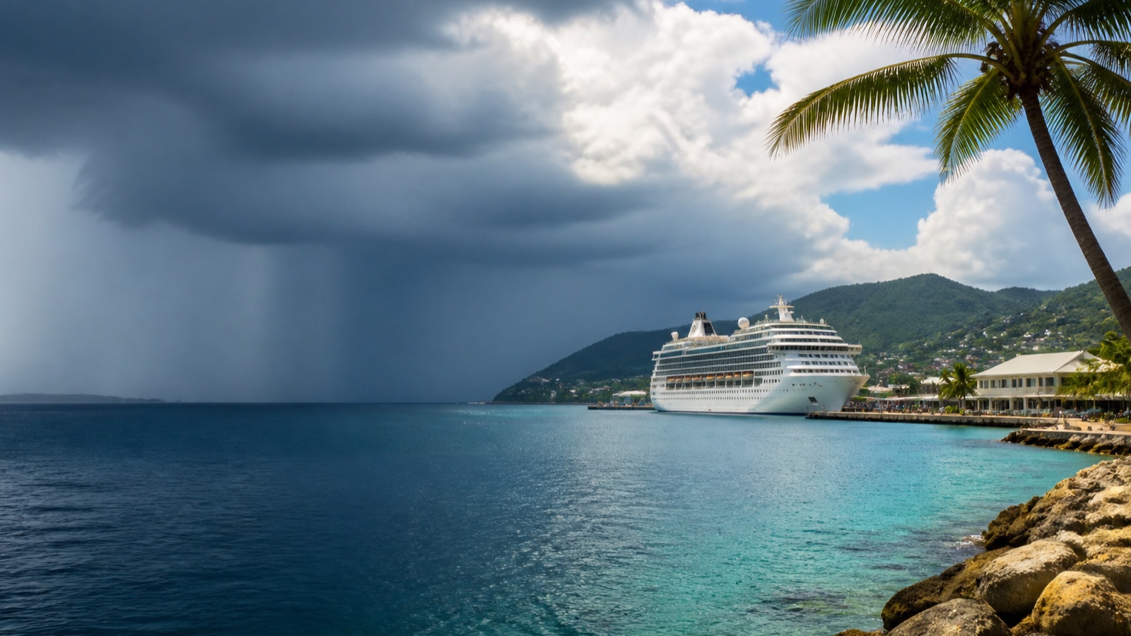 Caribbean coastline beneath changing tropical weather and broken sunlight