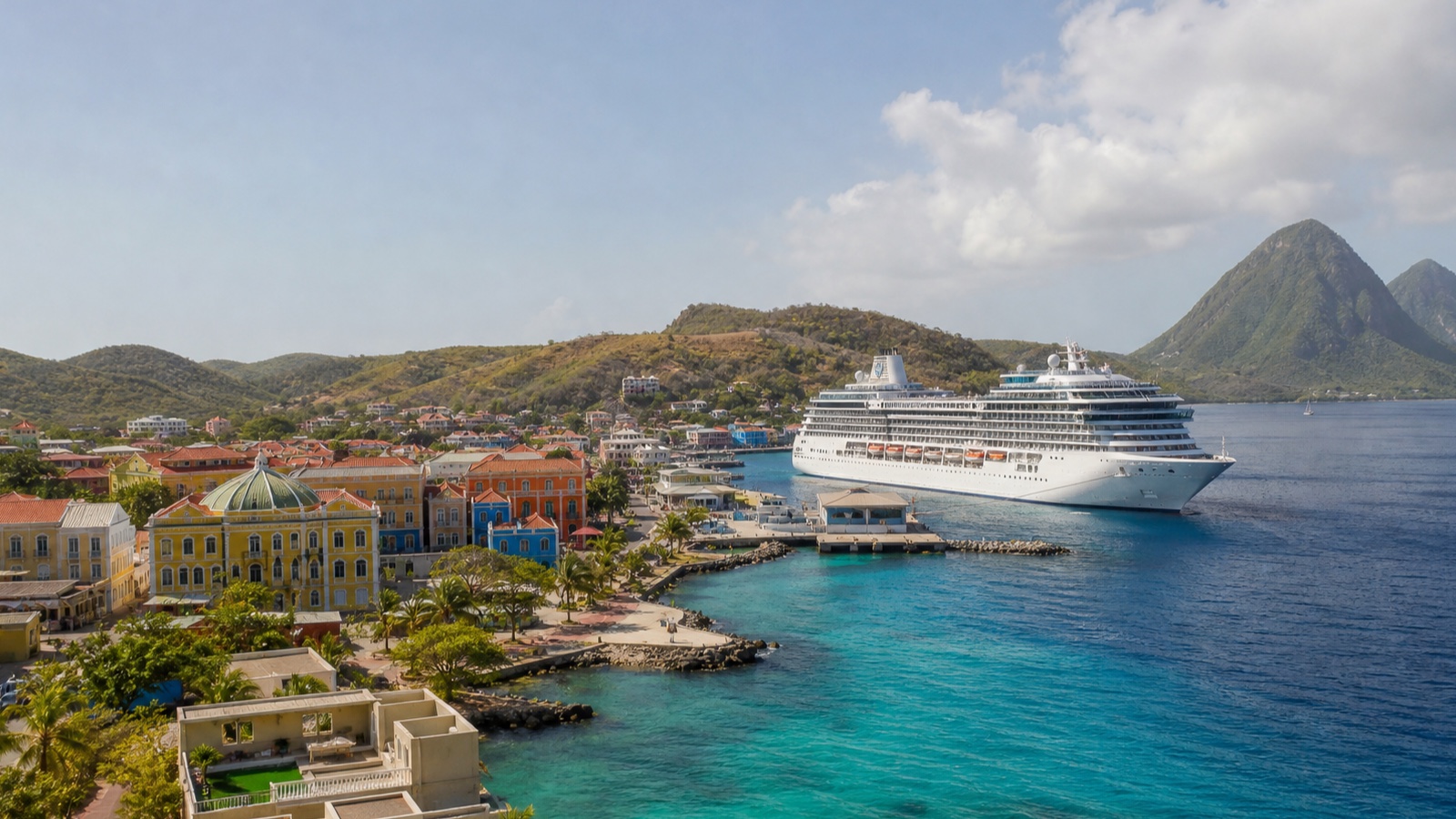Colorful Southern Caribbean waterfront beneath a bright tropical sky