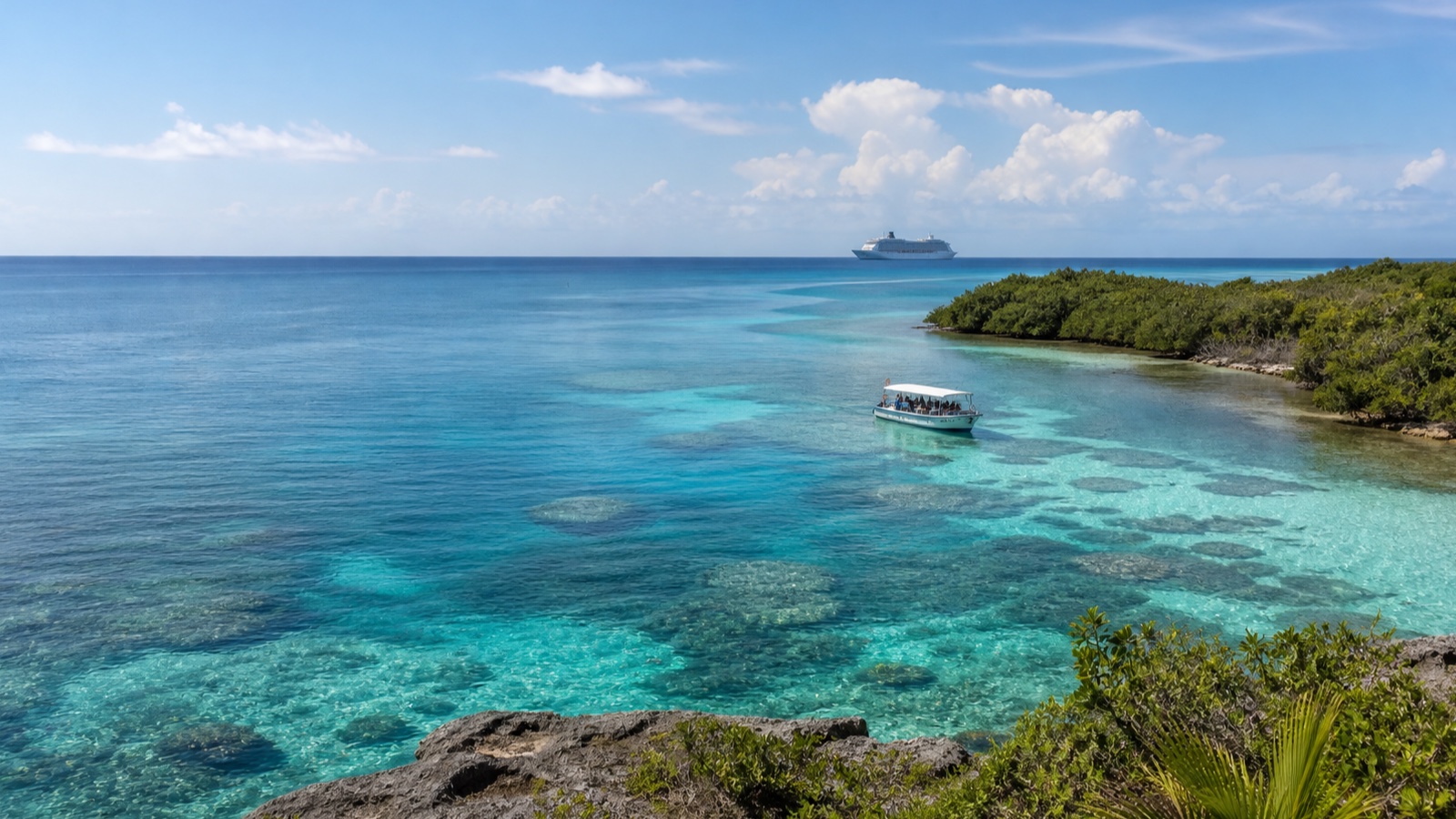 Western Caribbean reef and turquoise water viewed from a small excursion boat