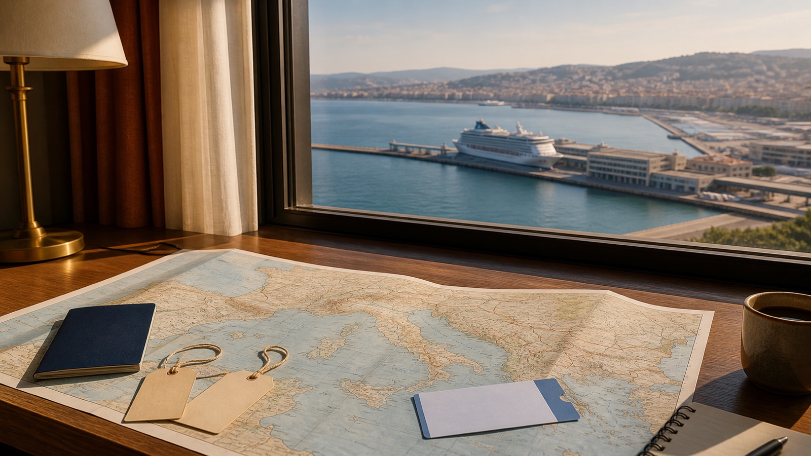 Mediterranean cruise planning map and luggage tags beside a European port view