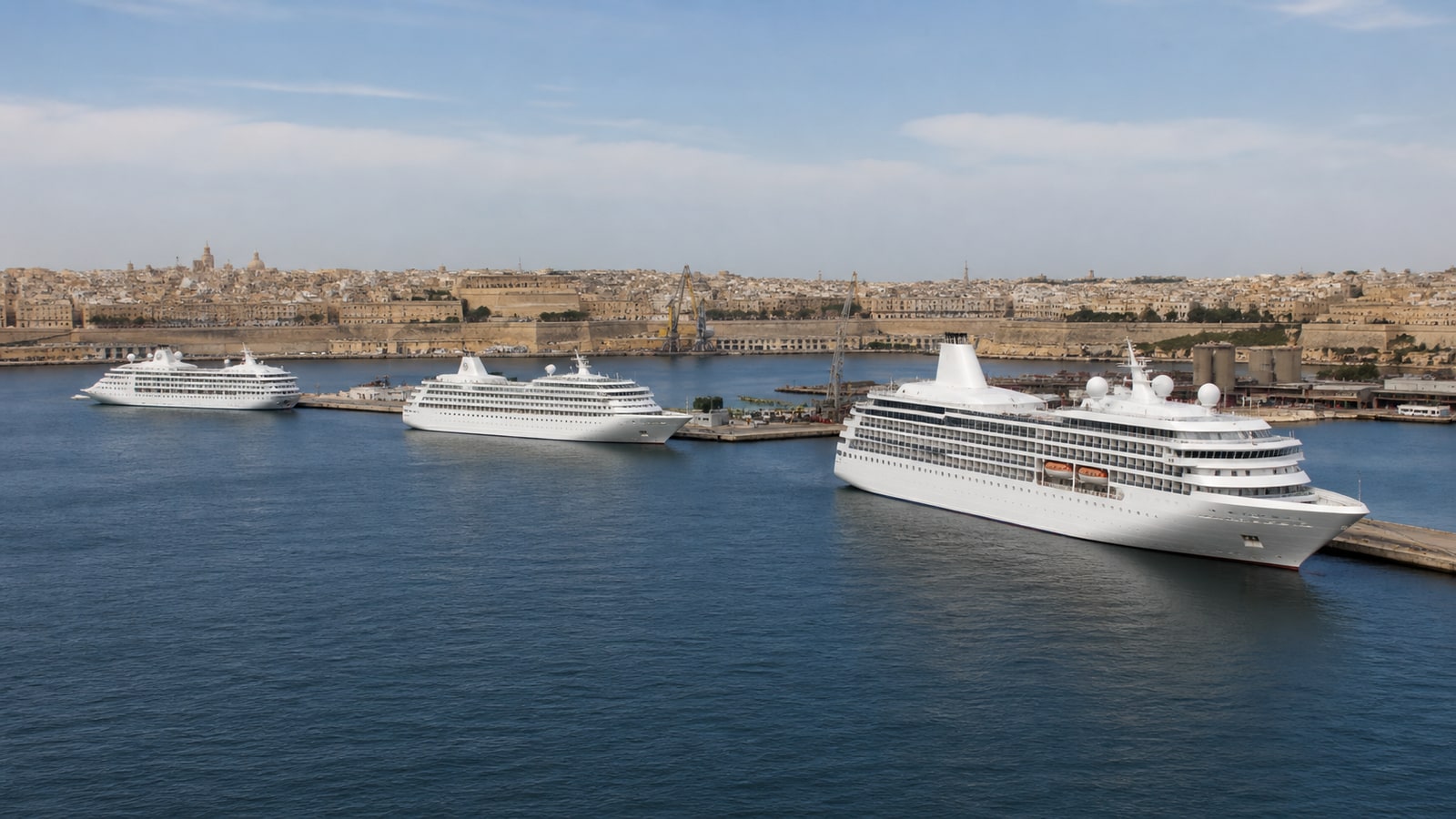 Several unbranded cruise ships in a Mediterranean harbor for line and ship comparison