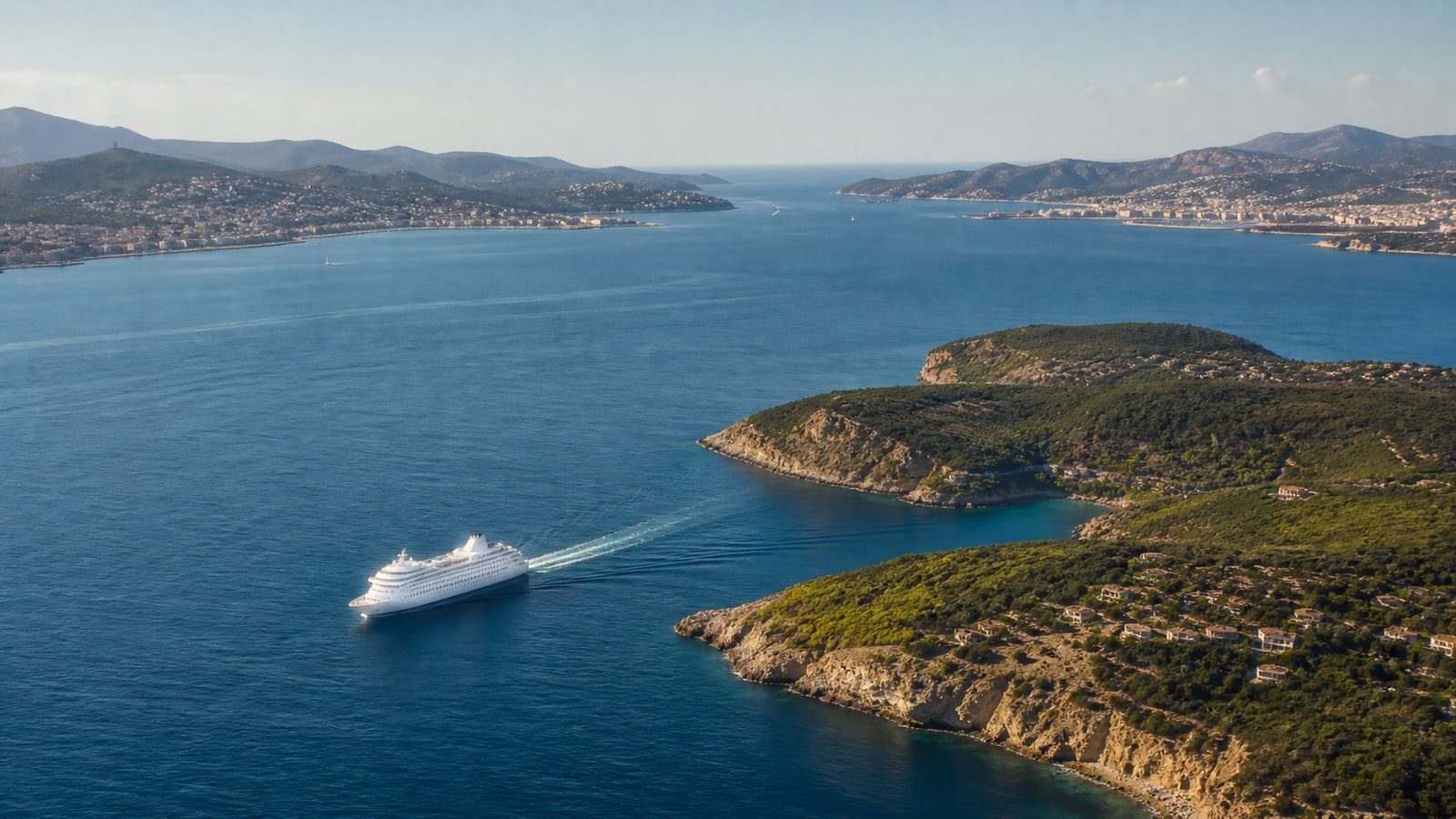 Unbranded cruise ship sailing between Mediterranean islands and coastal cities