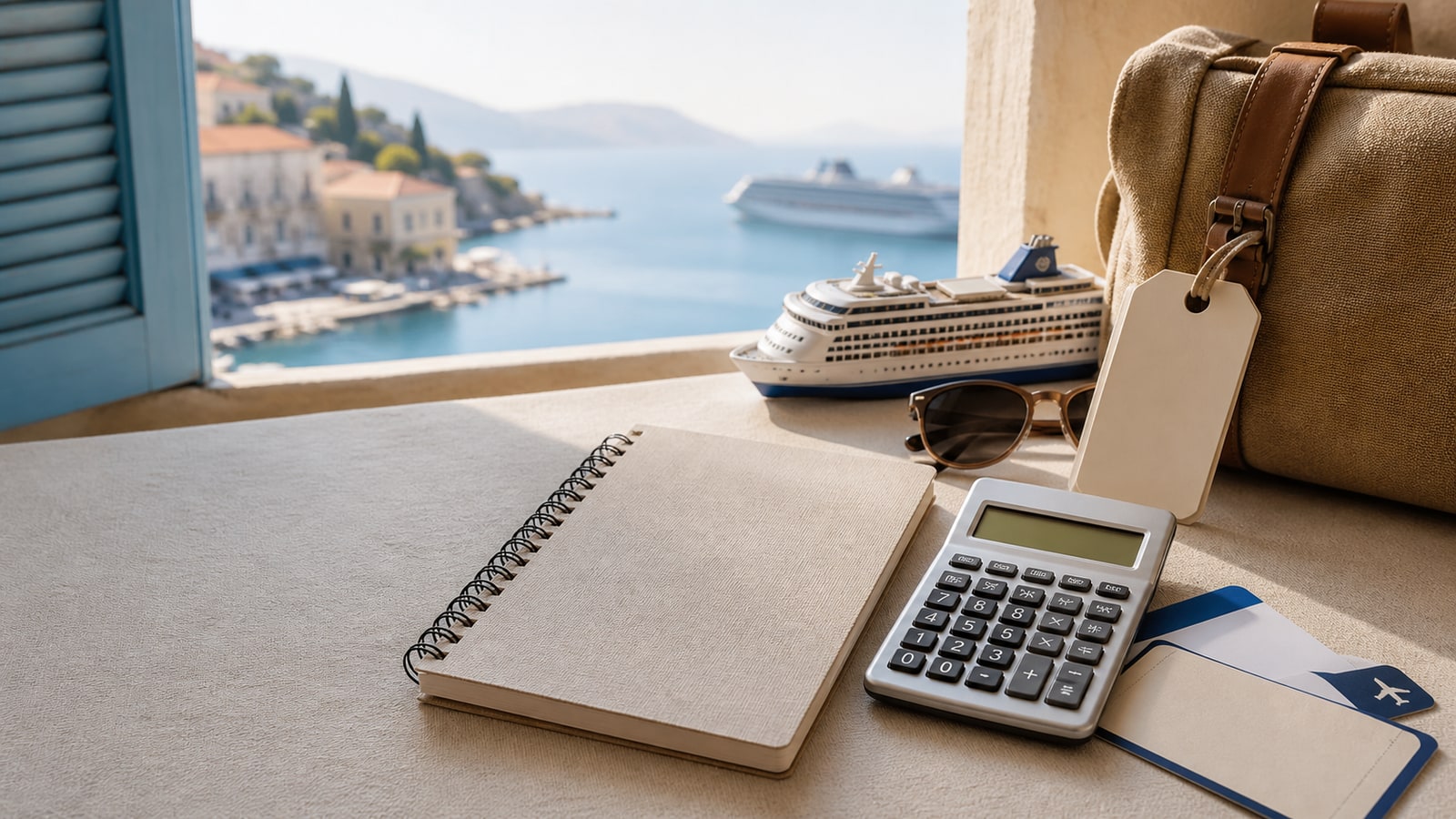 Mediterranean cruise budget planning materials beside a coastal view