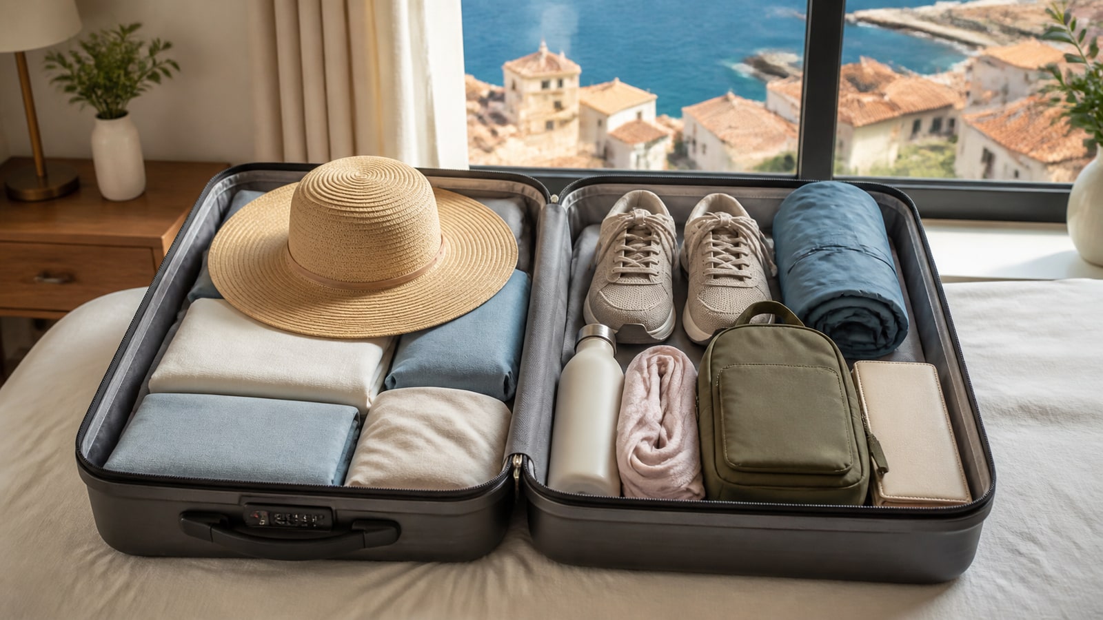 Label-free suitcase packed with practical clothing for a Mediterranean cruise