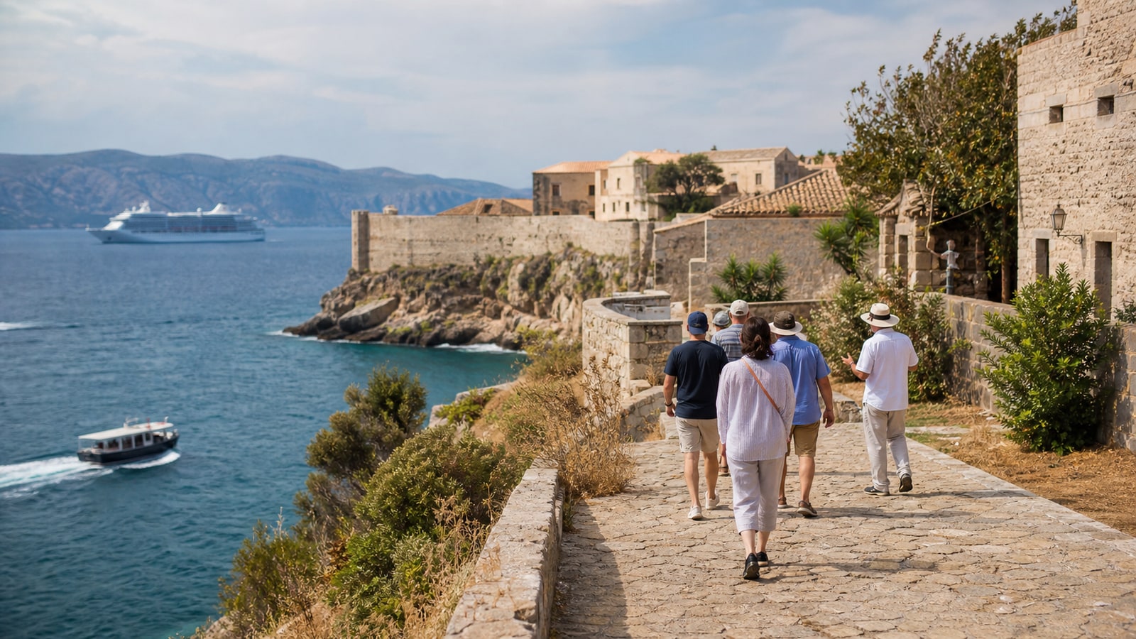Travelers exploring a historic Mediterranean port city during a shore day