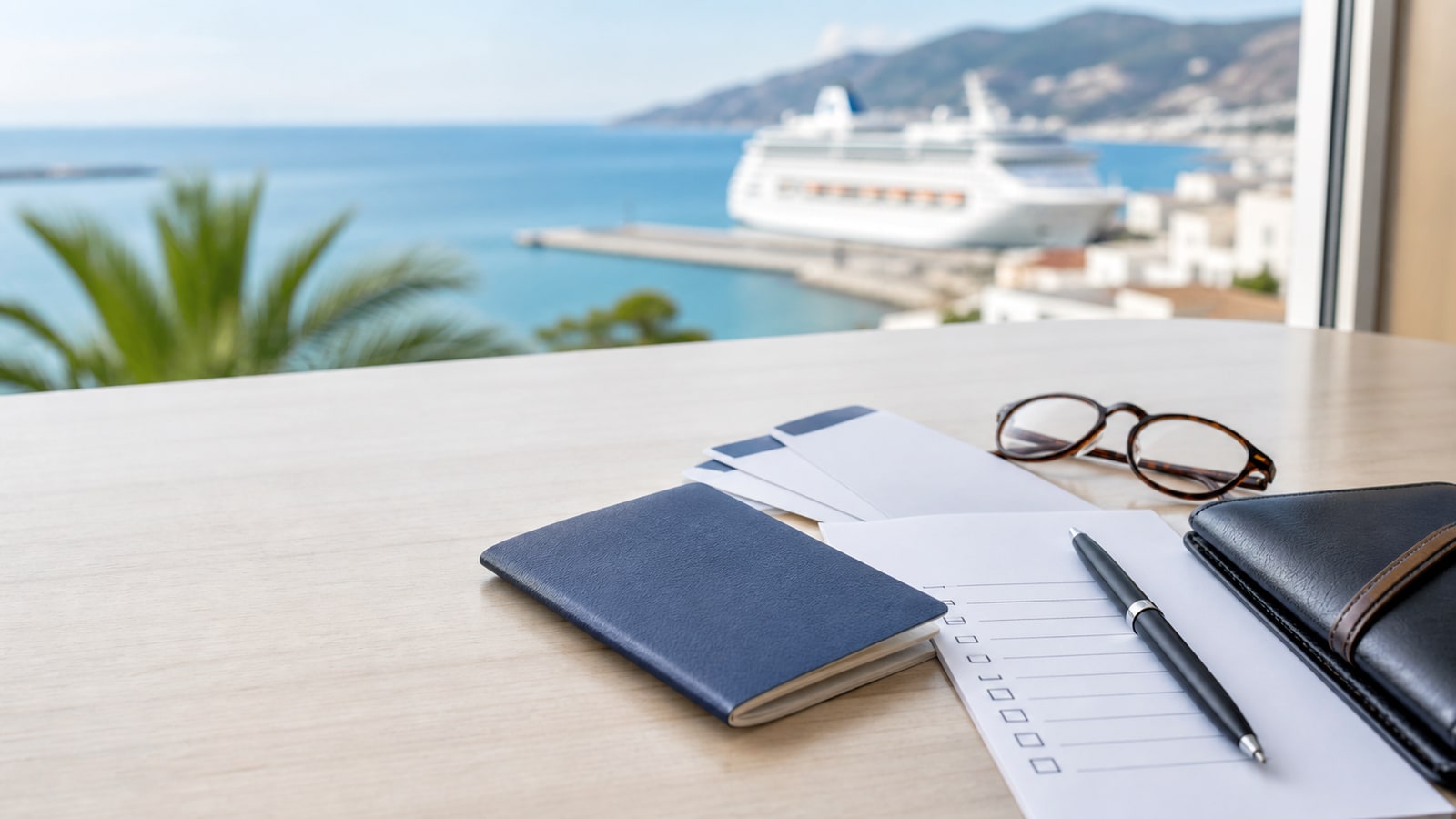 Blank travel documents and checklist prepared for a Mediterranean cruise