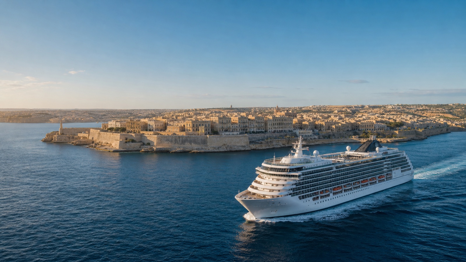 Unbranded cruise ship approaching a historic Mediterranean coastal city