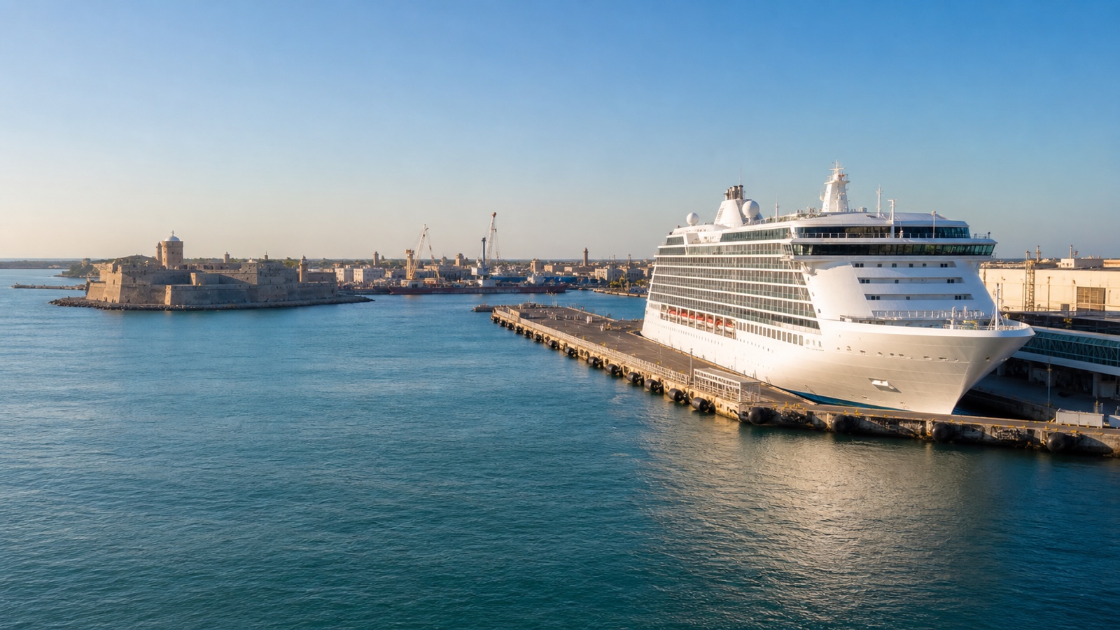 Unbranded cruise ship at Civitavecchia with the historic port beyond