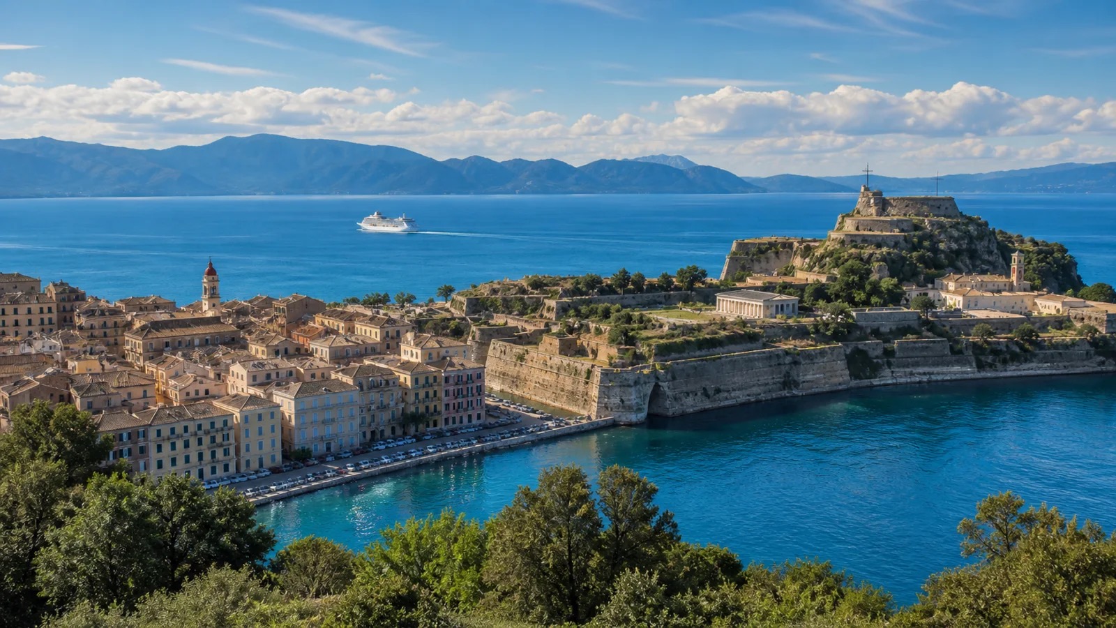 Corfu Old Town and fortress above the Ionian Sea with an unbranded cruise ship offshore