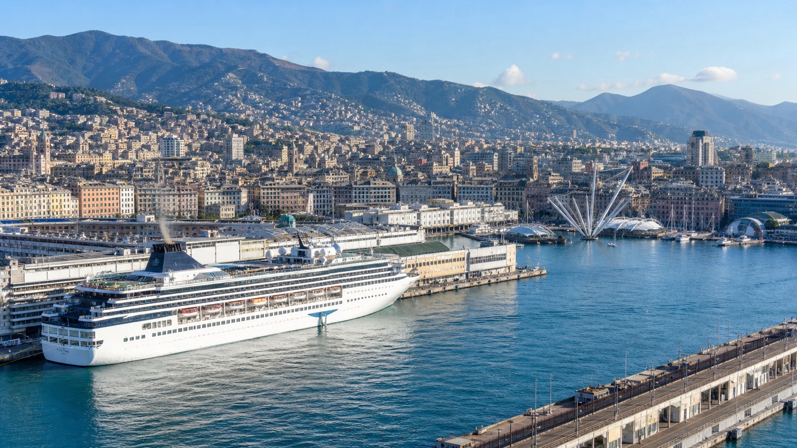 Genoa passenger port, old harbor and city hills with an unbranded cruise ship