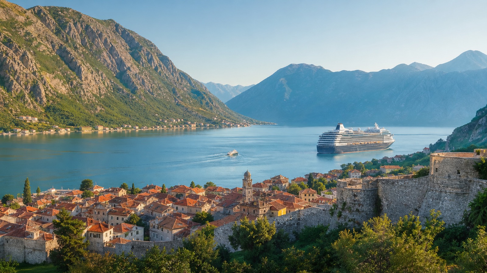Kotor Old Town and mountain-lined bay with an unbranded cruise ship offshore