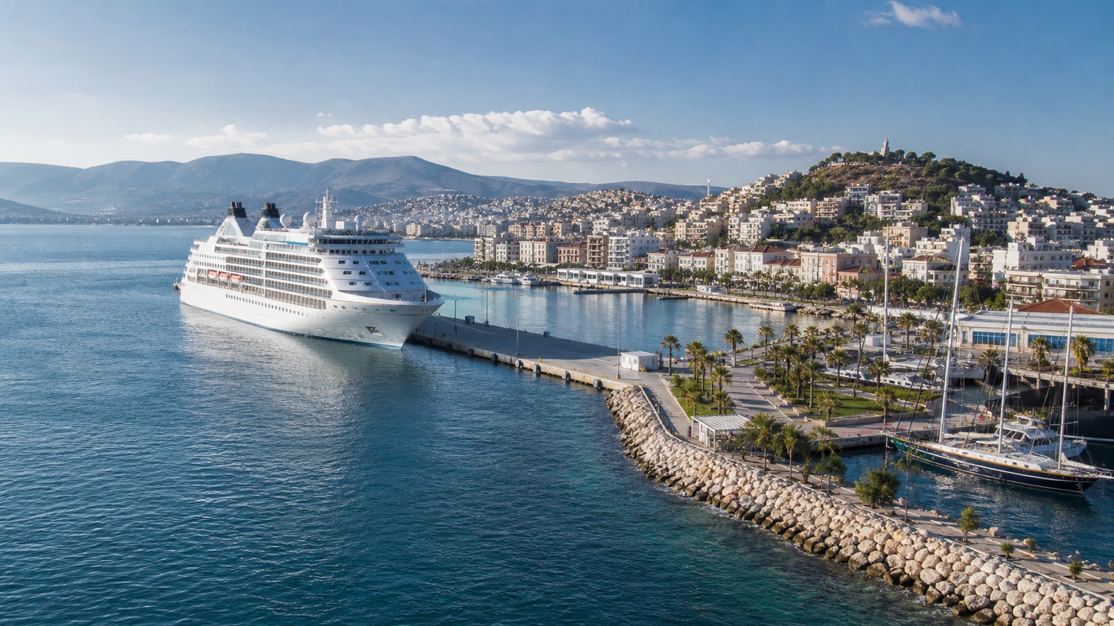 Kuşadası cruise port, marina and waterfront city on the Aegean coast