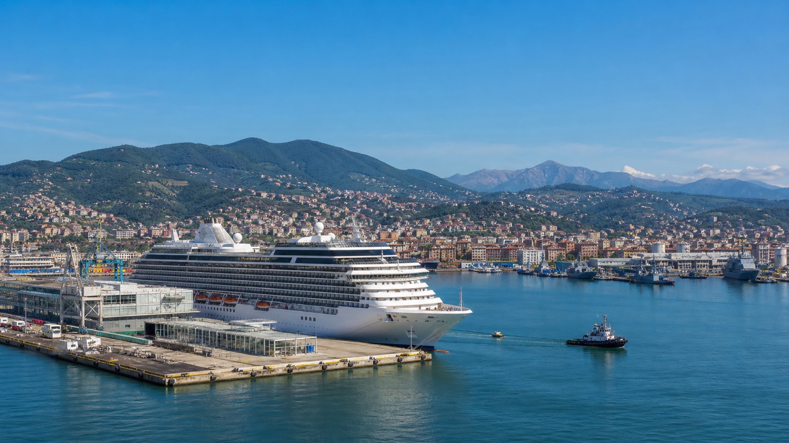 La Spezia cruise terminal and Ligurian waterfront with an unbranded cruise ship
