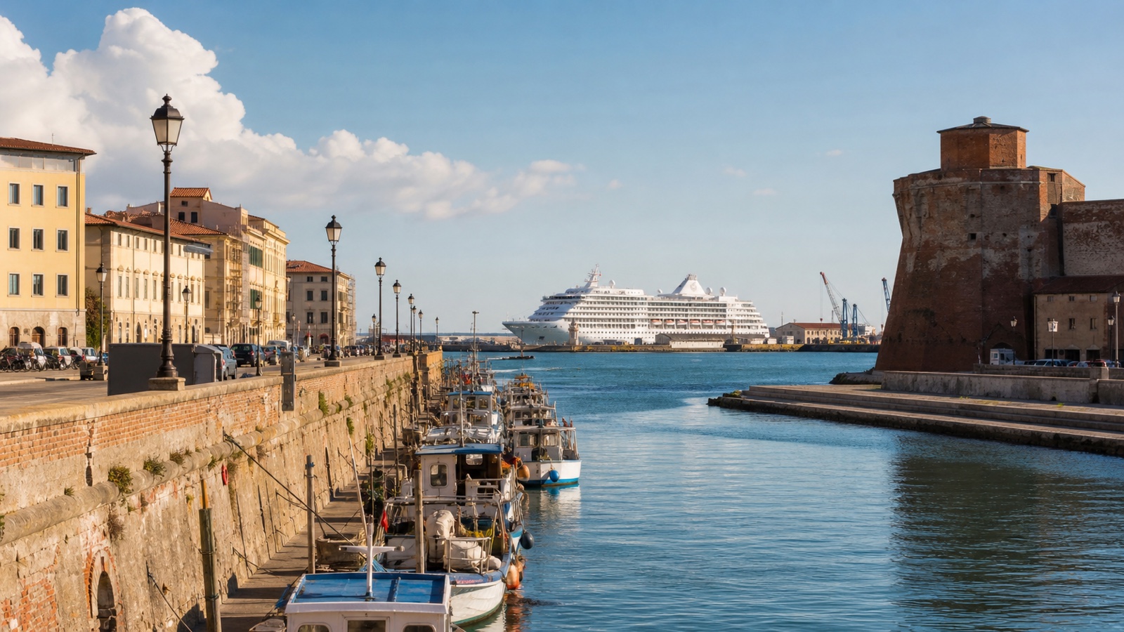 Livorno waterfront and working harbor with an unbranded cruise ship in the distance