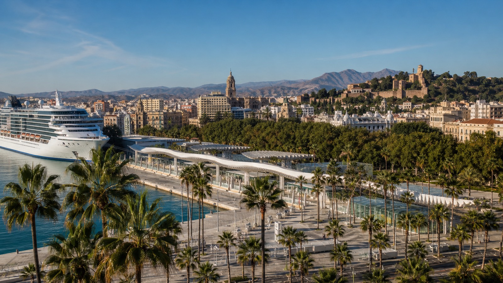 Málaga cruise port and historic waterfront with an unbranded cruise ship