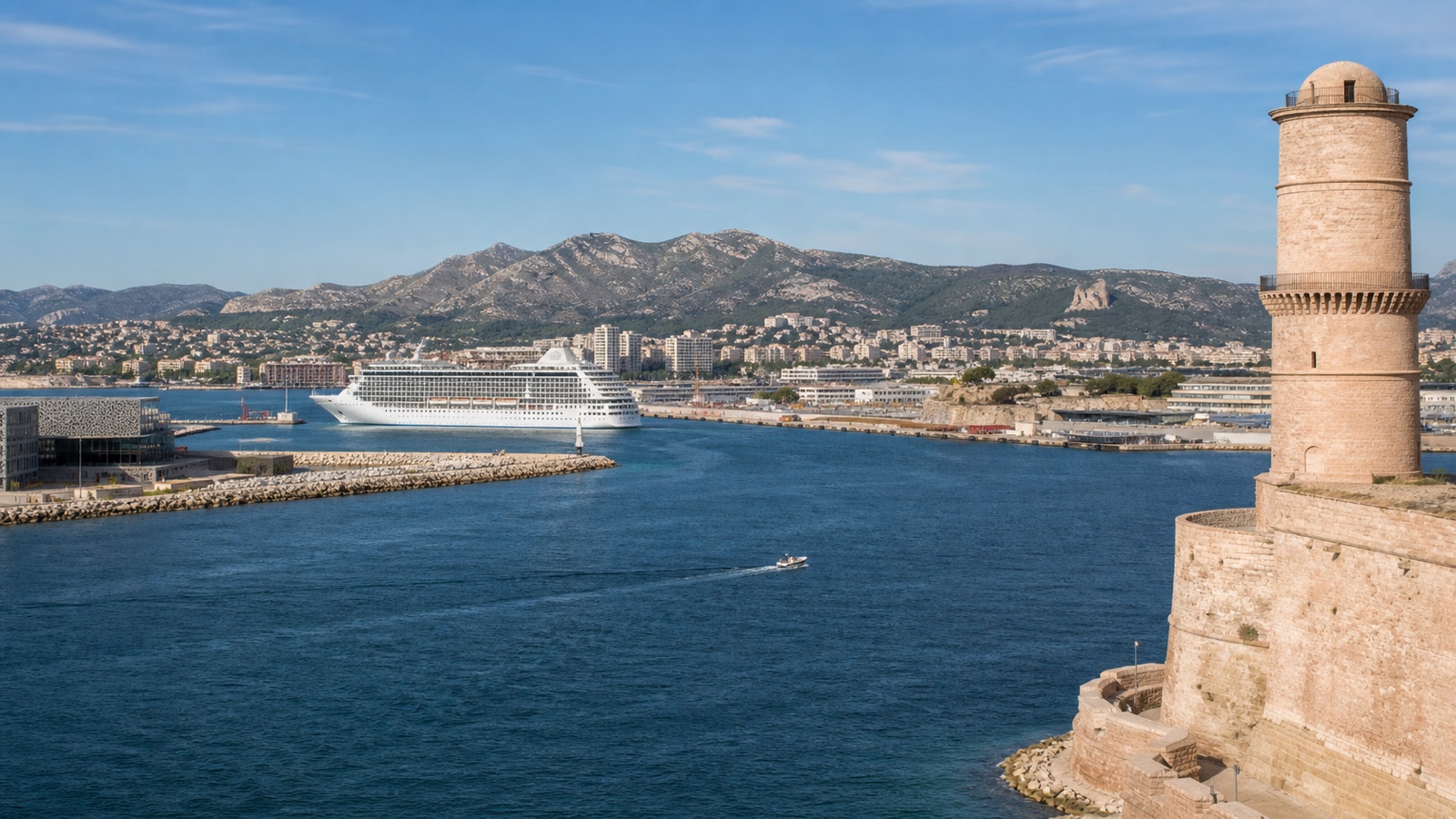 Marseille working harbor, limestone hills and an unbranded cruise ship
