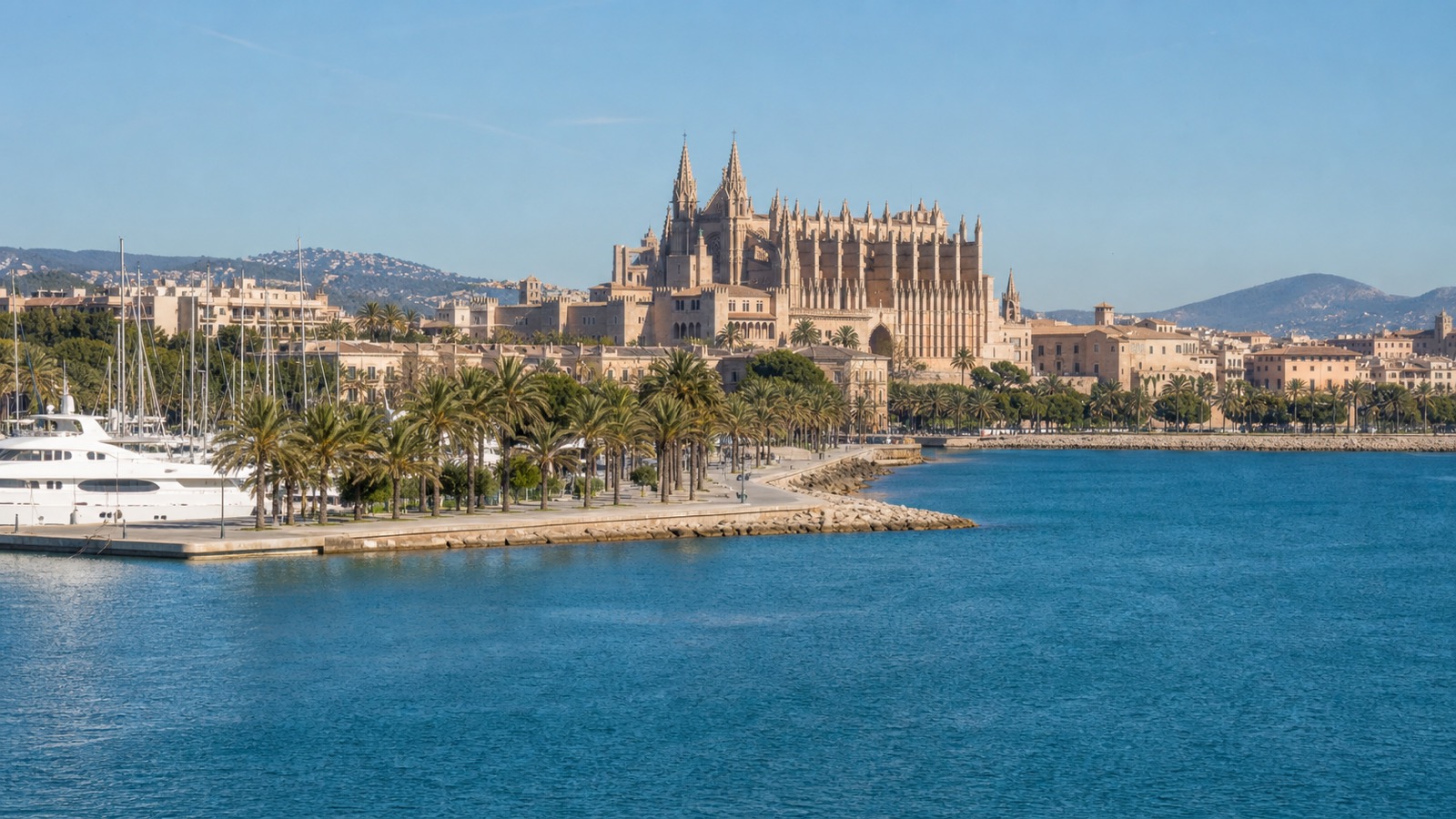 Palma de Mallorca waterfront and cathedral across the Mediterranean harbor