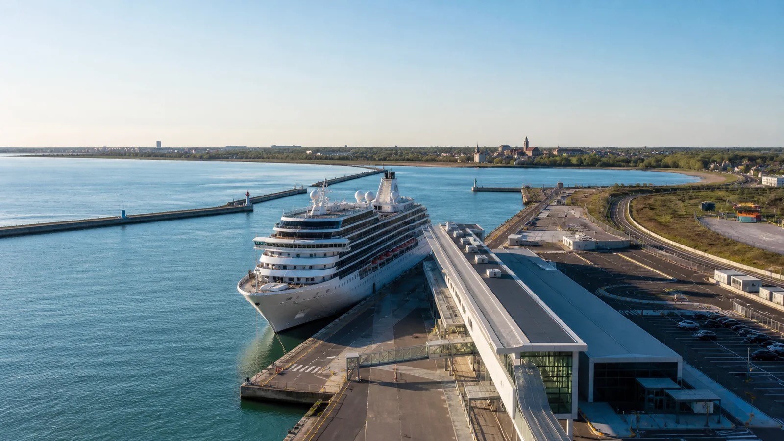 Ravenna Porto Corsini cruise terminal, coastal road and an unbranded cruise ship