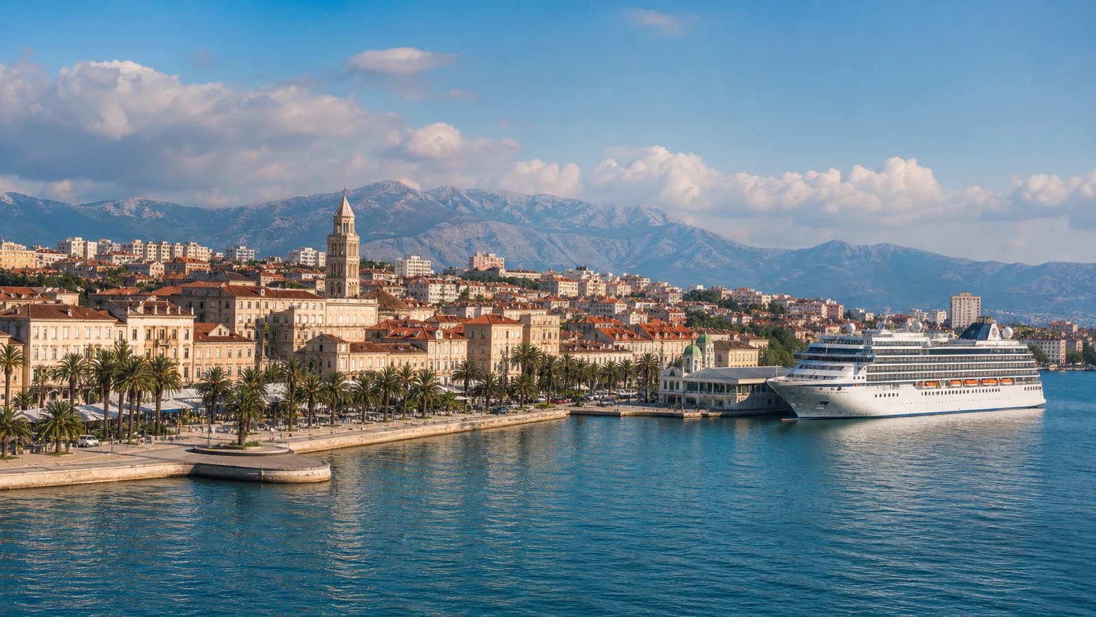 Split Riva and historic waterfront with an unbranded cruise ship at the passenger harbour