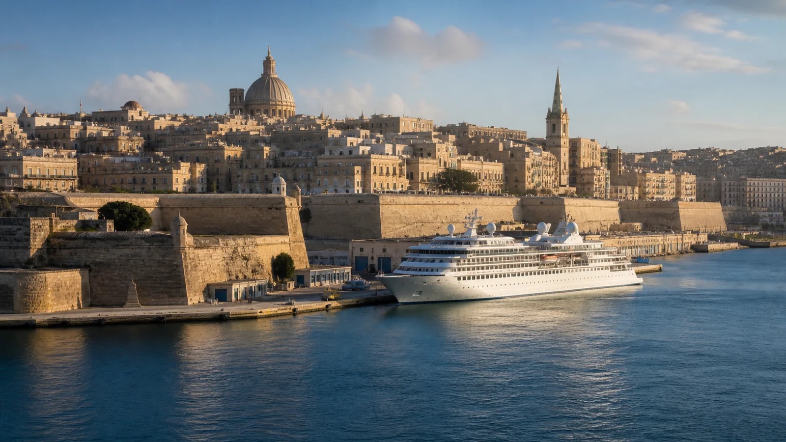 Valletta fortifications and waterfront with an unbranded cruise ship in Grand Harbour