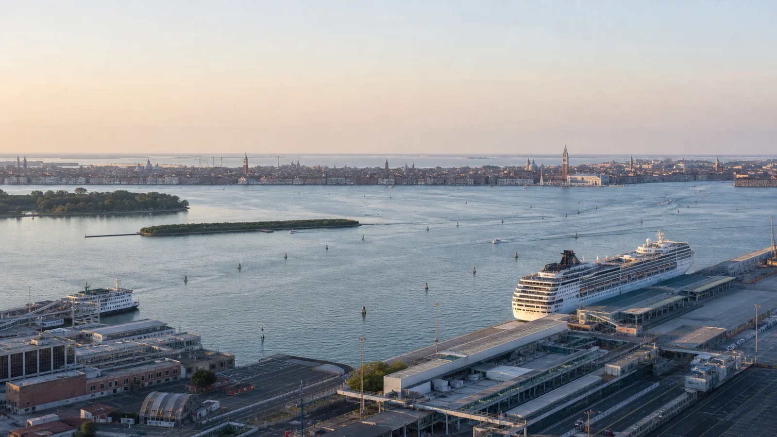 Venice passenger terminal and lagoon with the historic city in the distance