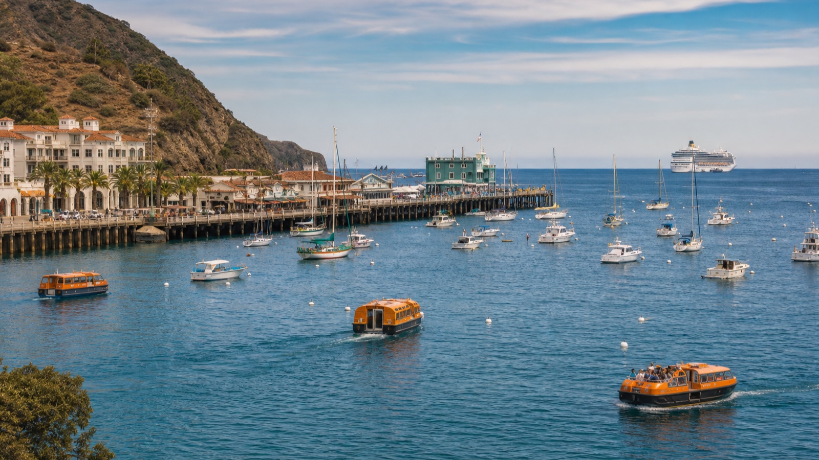 California island harbor with tender boats, waterfront buildings and an unbranded cruise ship at a natural offshore scale