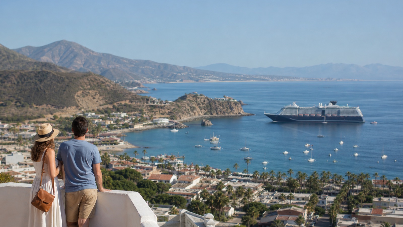 Travelers comparing Mexico and Pacific Coast cruise routes from a coastal overlook