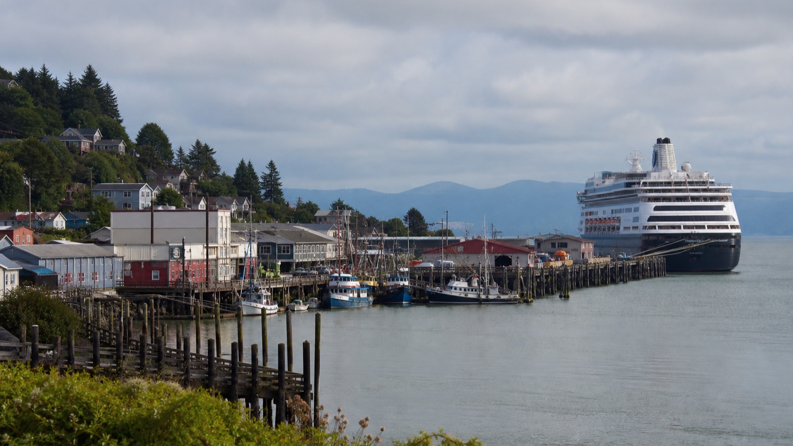 Northern Pacific working waterfront with an unbranded cruise ship and realistically scaled harbor buildings