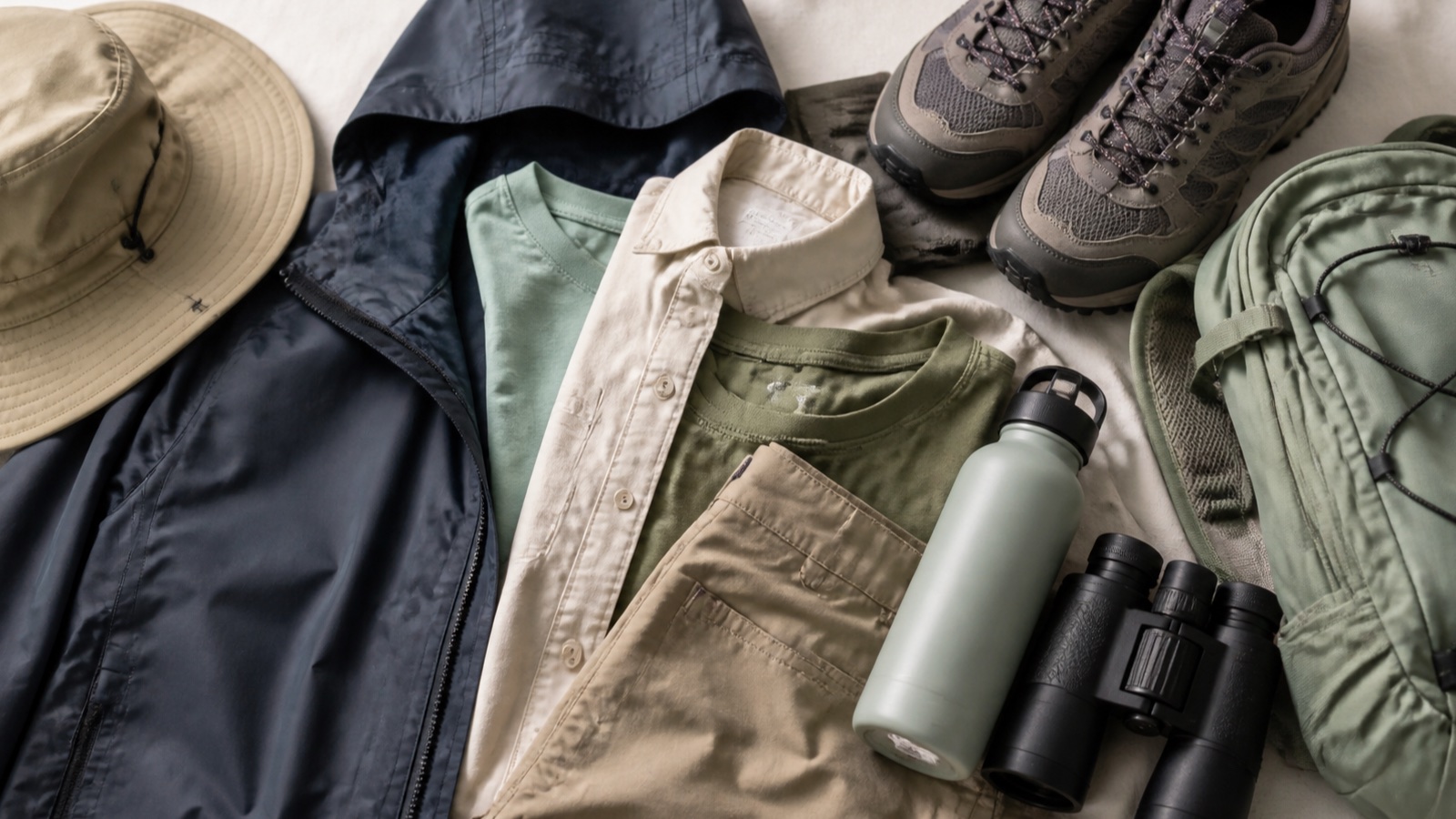 Layered clothing, walking shoes and practical gear arranged for a Mexico and Pacific Coast cruise