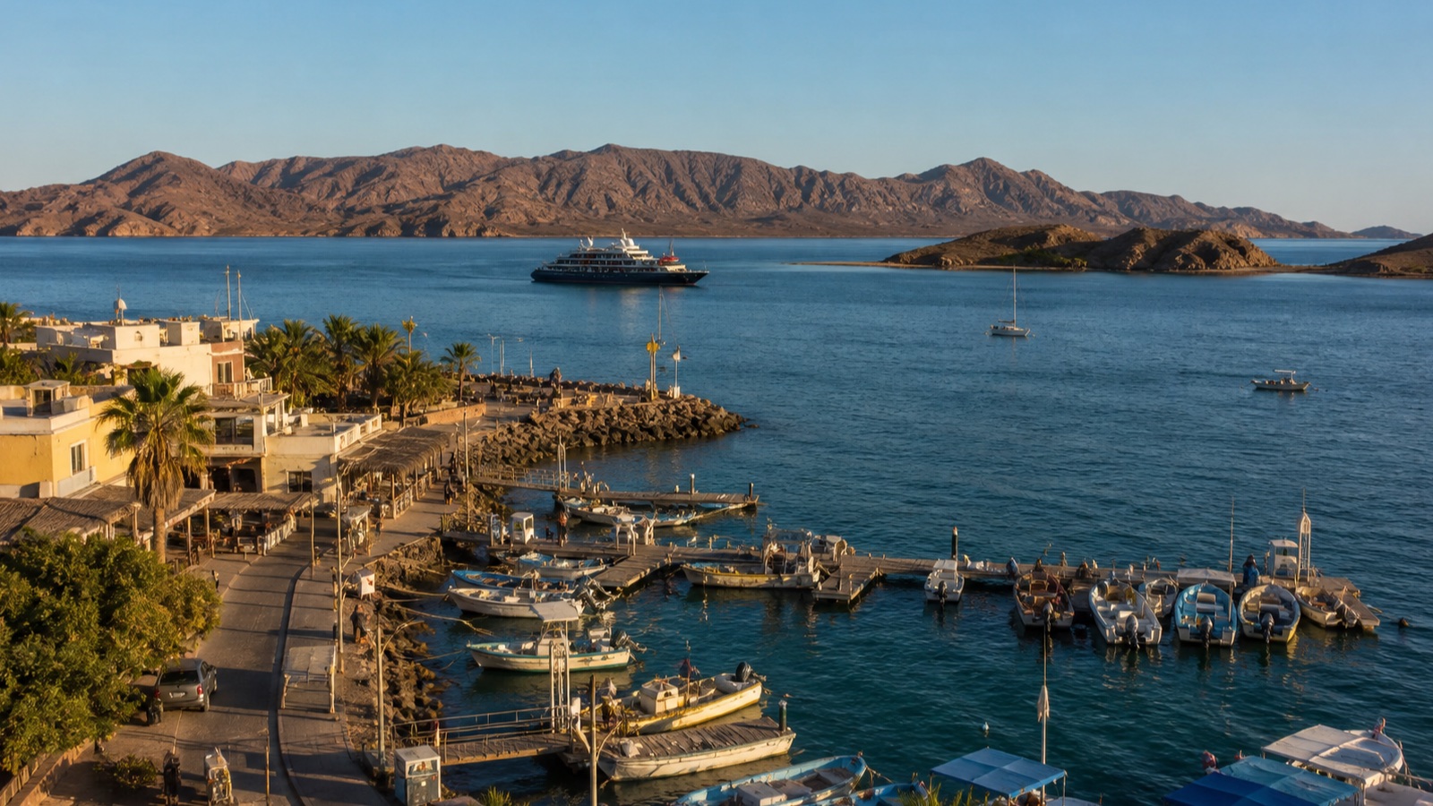 Small Sea of Cortez waterfront, local boats and a modest cruise ship at a natural distance